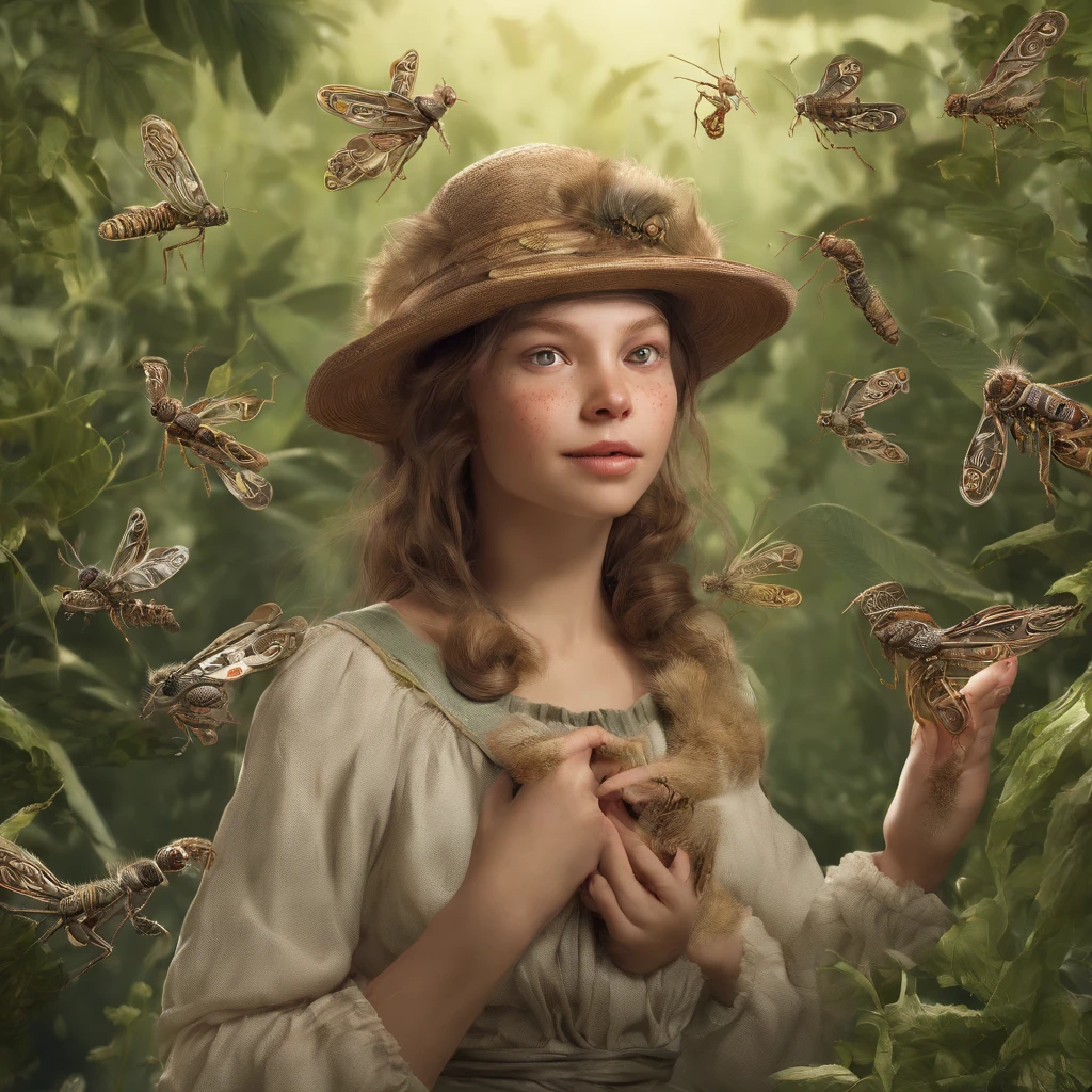 Anthropomorphic, Dancing locusts in the style of Disney animation are caught in their hands, flat, vectorised, 8K resolution, Masterpiece, and super detailed.