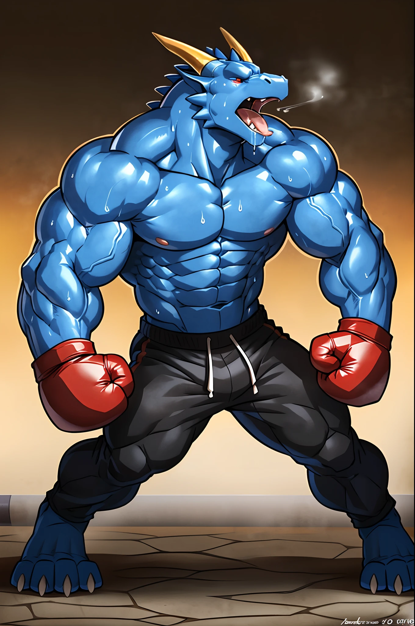 ((solo) full height):1, (anthro) blue dragon, lora, adult, mature, masculine, slim:1.2, skinny:1.2, tall:1, (correct anatomy:1.2), vascular veins, (correct proportions:1.3), dragon tail, topless, (shirtless, bare paws, boxing gloves, black sweatpants), ultradetailed, (by wfa:1.2), (by takemoto_arashi, by vorusuarts, by Traver009:1, by grimfaust:1), natural lighting ((boxing ring):2.4 background), (sweat:1.4, wet:1.6), (lots of sweat flowing down) exhausted, dragon head ((open:1 eyes, detailed):1.2), open mouth (steaming breath:1.2, drooling, dripping saliva, thick drool) tongue sticking out, (serious:1.4) expression), in pain, (leaning over ropes):1.6