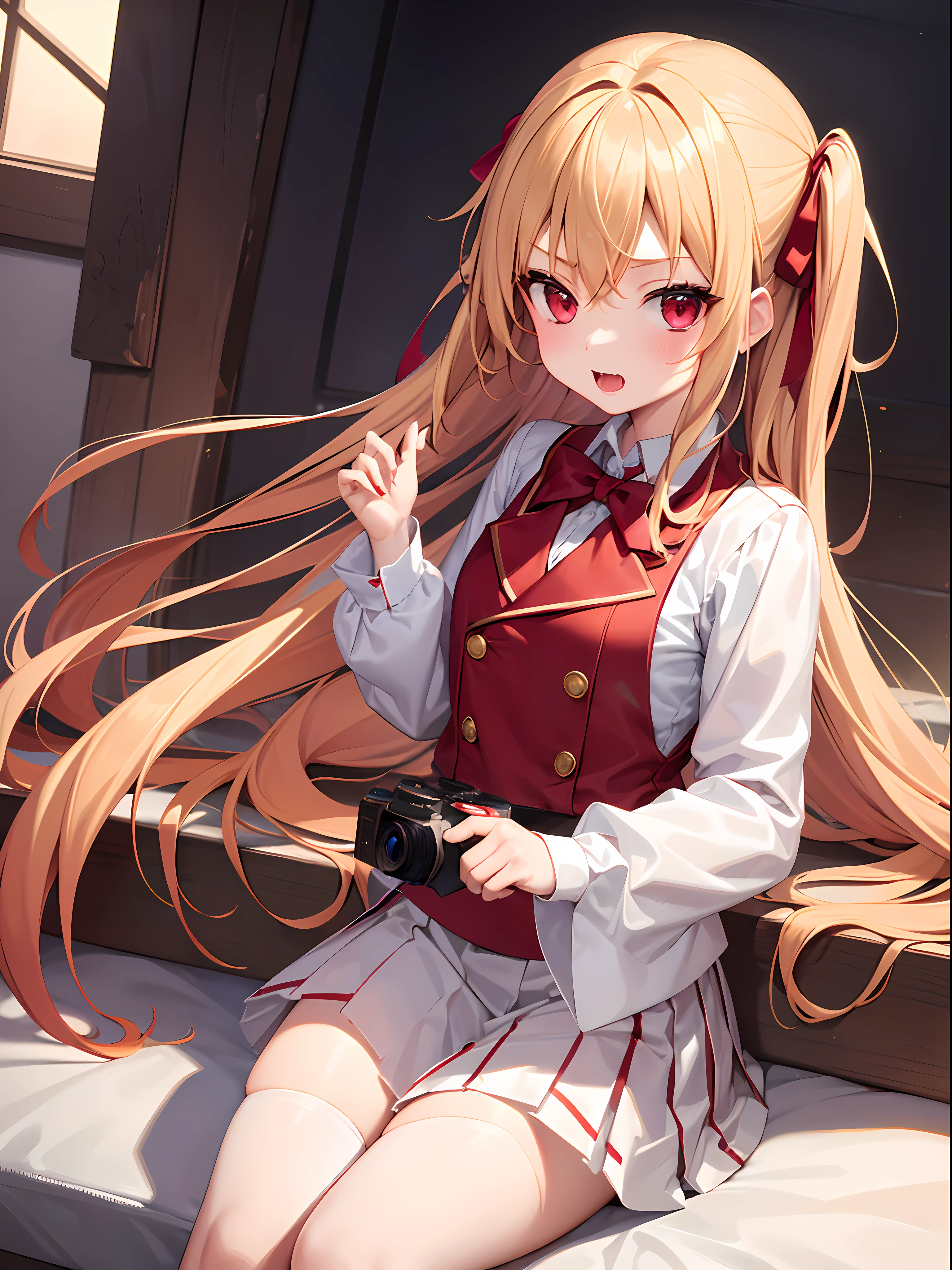 1girls, li, vampire, short, red eye, long blonde hair, cute, using red army school uniform, using white skirt, using blue bowties, with camera
