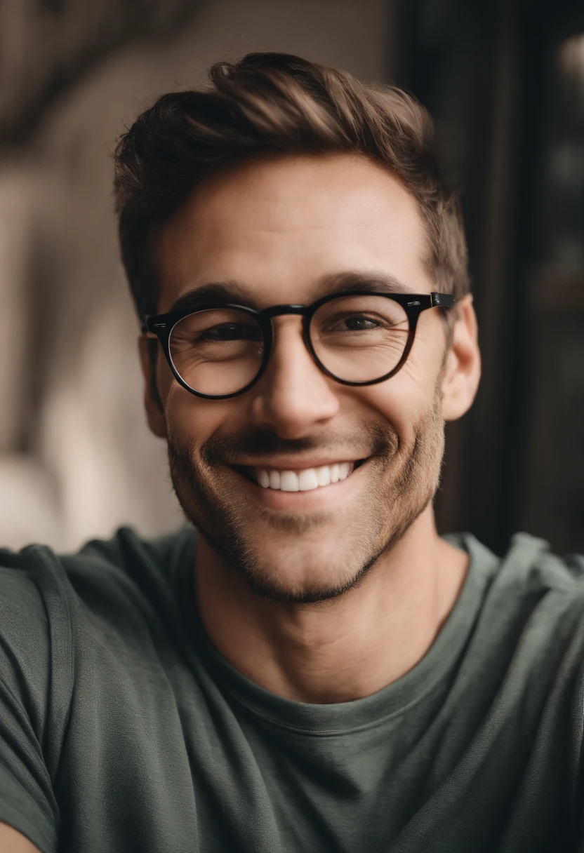 Criar um personagem no estilo pixar. One photo shows a man wearing glasses and a T-shirt posing for a selfie. Na foto o plano de fundo esta em branco, But you can put it that you believe matches and is feasible. Transforme a foto que fique no estilo pixar, but that it does not lose the features of the original face!