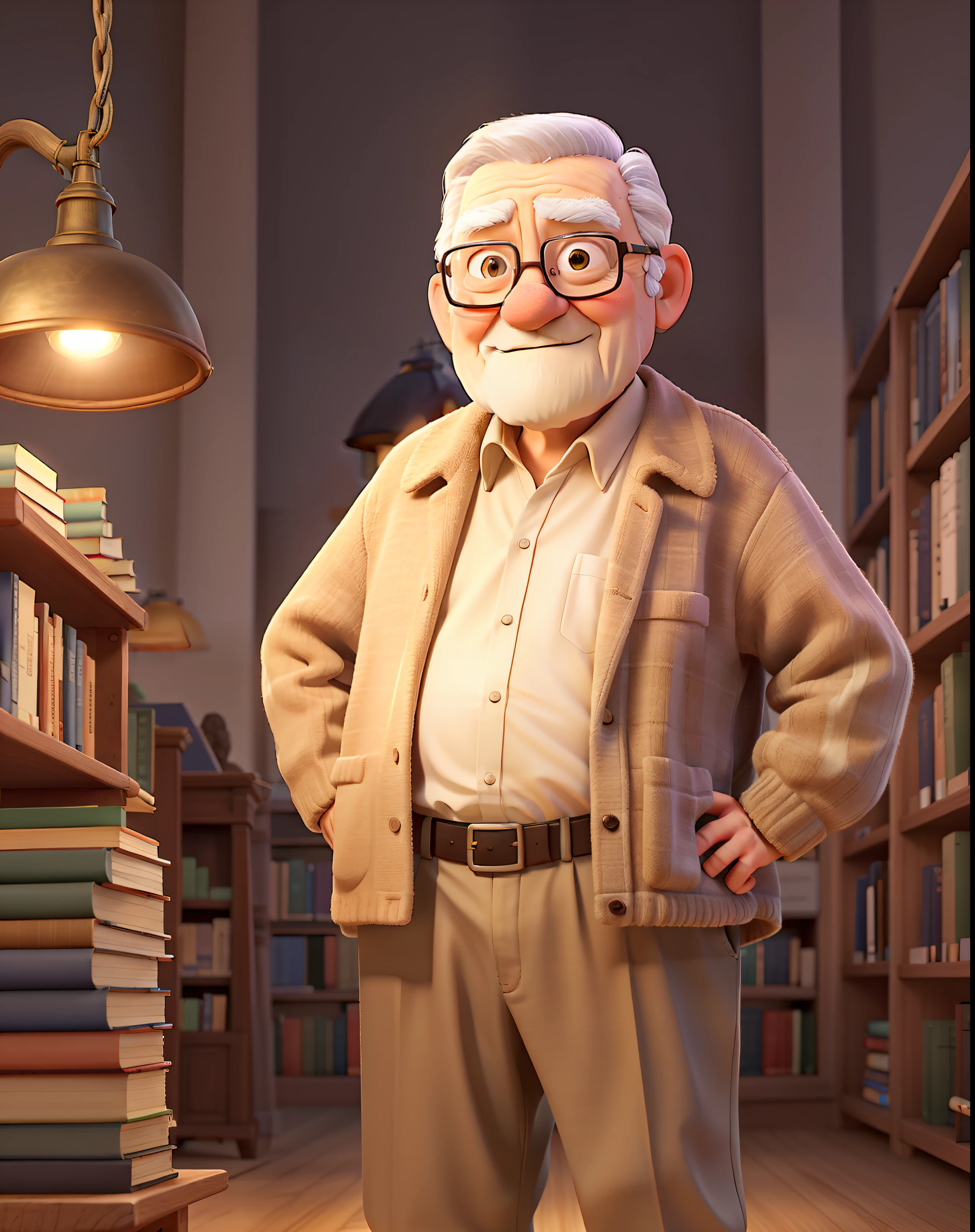 A wise old man standing in front, illuminated by the light of a lamp, against the backdrop of a library