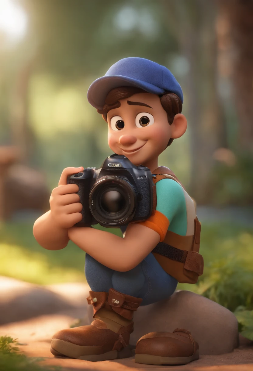 Personagem de desenho animado de um homem um pouco gordo, um careca, barbudo, nariz pequeno e empinado, olhos pequenos, usando uma camiseta preta, blue pants, White sneakers and holding a Canon professional still camera, um personagem animado, Caractere estilizado, animation style rendering, 3D estilizado, Arnold Maya render, 3 d render stylized, toon render keyshot, Personagem 3D, Personagem 3D, 3d rendering stylized, 3 d character render, personagem de desenho animado, Personagem de close up, Pose de personagem, (Estilo Pixar) (master part:1.2) (Bokeh) (best quality) (pele detalhada) (textura detalhada) (8k) (argila) (Cinematic lighting) (foco nítido,Senta e vaza a parte superior do corpo