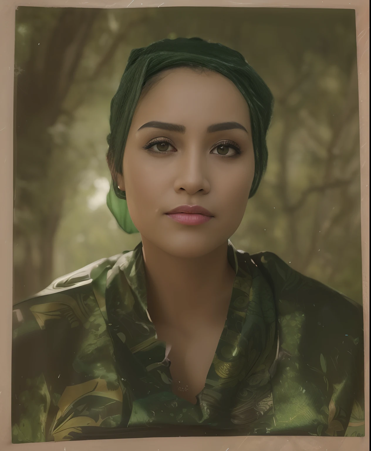 Masterpiece, Best Quality, 3D Rip Artwork, 3DMM Style, Close-up, Portrait, Realism, a woman beautifully makeup, eyeshadow, Parted Lips, Challenge Eye, beautiful big eyes, long eye lashes, wearing ((green and black satin headscarf)), loosely tide hijab style, (( batik satin shirt)), ((batik satin long maxi skirt)), strolling on a trail in the spring, garden, river