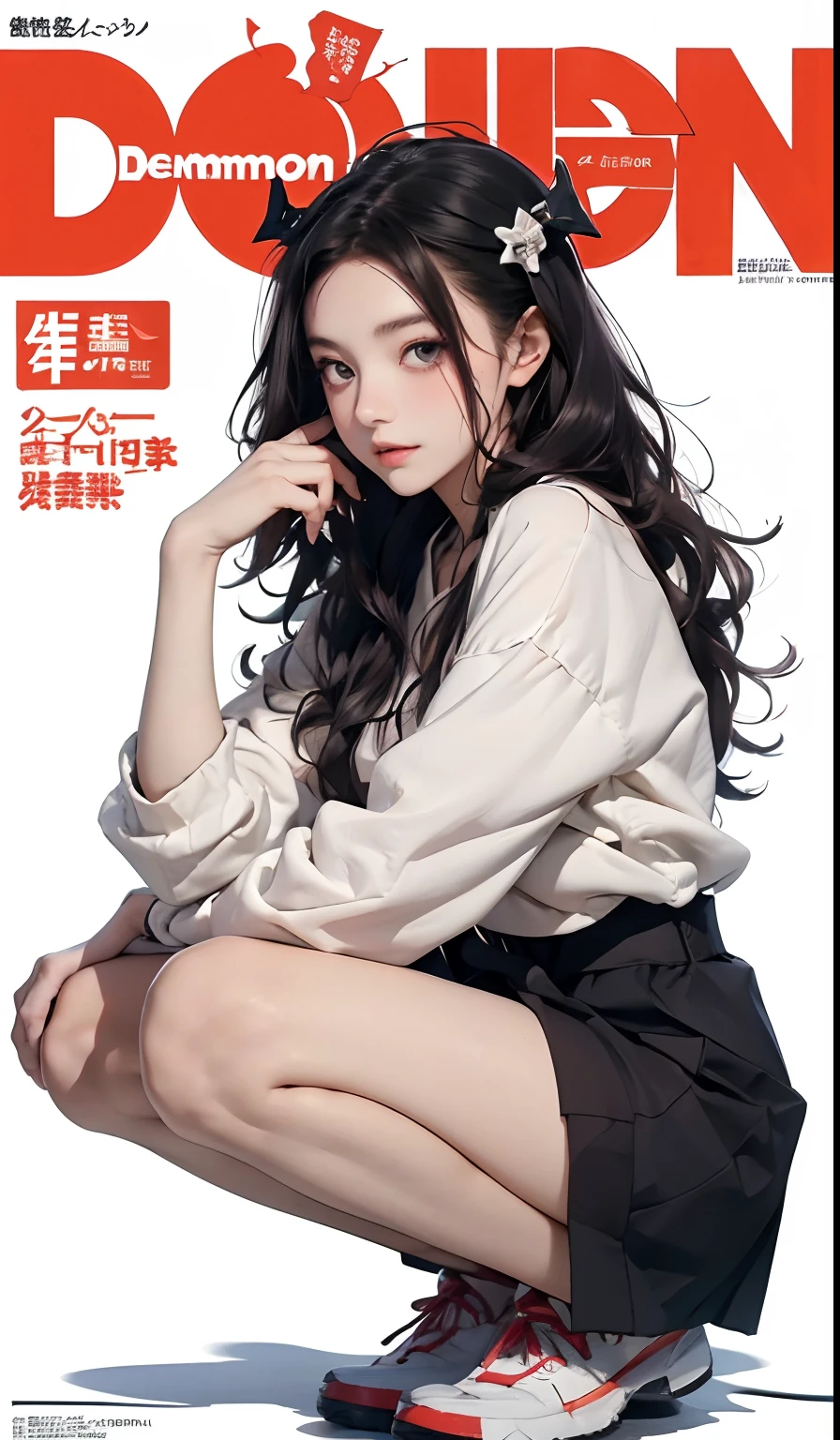 Best quality, Works of masters, A high resolution, 1girll, nezuko kamada, ((nezuko of demon slayer)) Super beautiful face, super beautiful eye, Super beautiful hair,Trendy outfits,MagazineCover,Sexy and charming,Color explosion,Black color hair,Large hairpins,full bodyesbian,Squatted