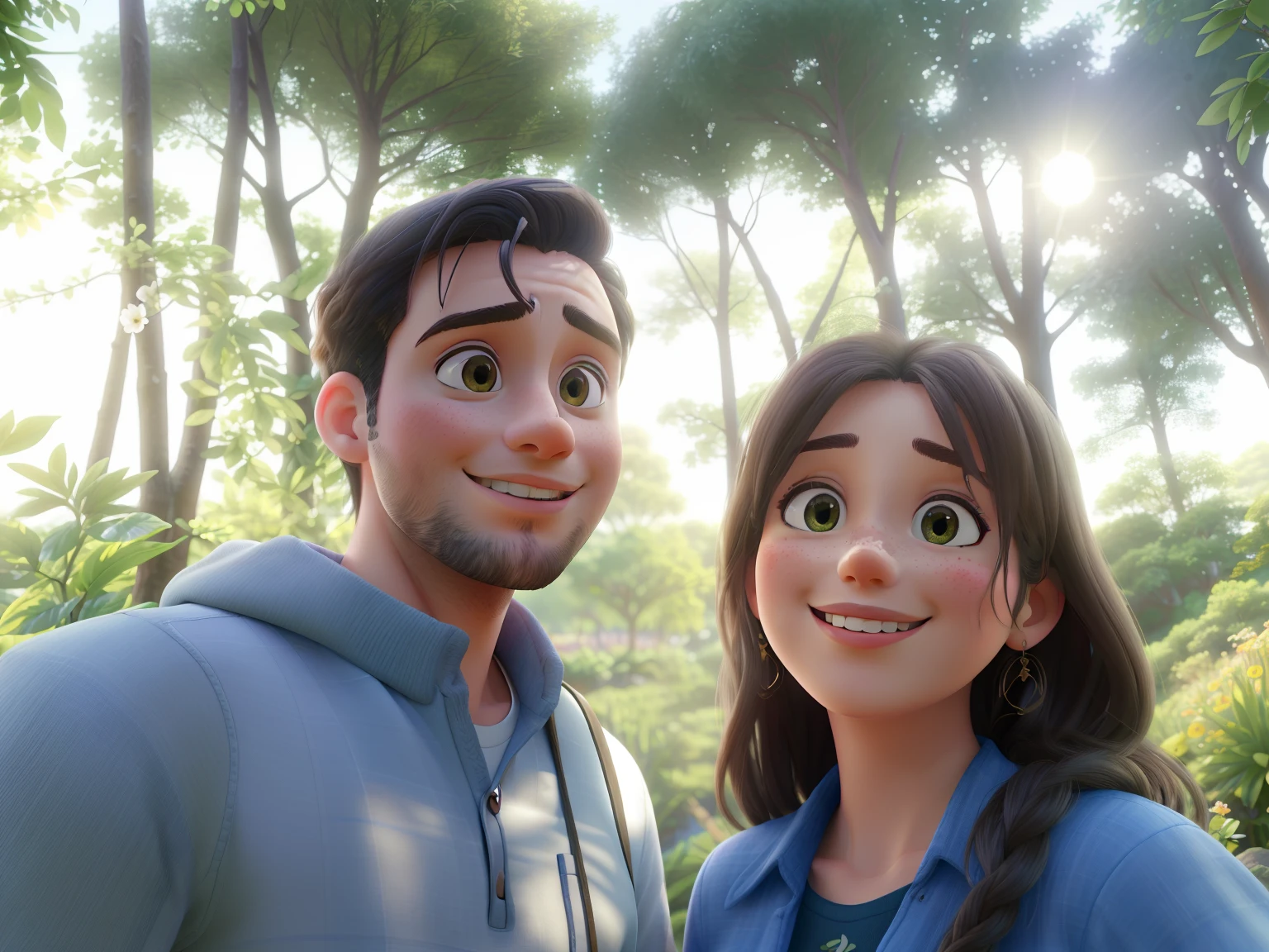 (best quality,4k,8k,highres,masterpiece:1.2),ultra-detailed,realistic,photorealistic,portraits,a couple taking a picture in nature,beautiful scenery,natural light,vivid colors,greenery,romantic atmosphere,happy and relaxed expressions,natural poses,love and connection between the couple,candid moment,happiness,joyful laughter,soft sunlight,blurred background,botanical elements,gentle breeze,deep affection and emotional bond,authentic and genuine moment,casual outfits,outdoor adventure,precious memories,serene and peaceful environment,natural beauty,harmony with nature,adventure,travel
