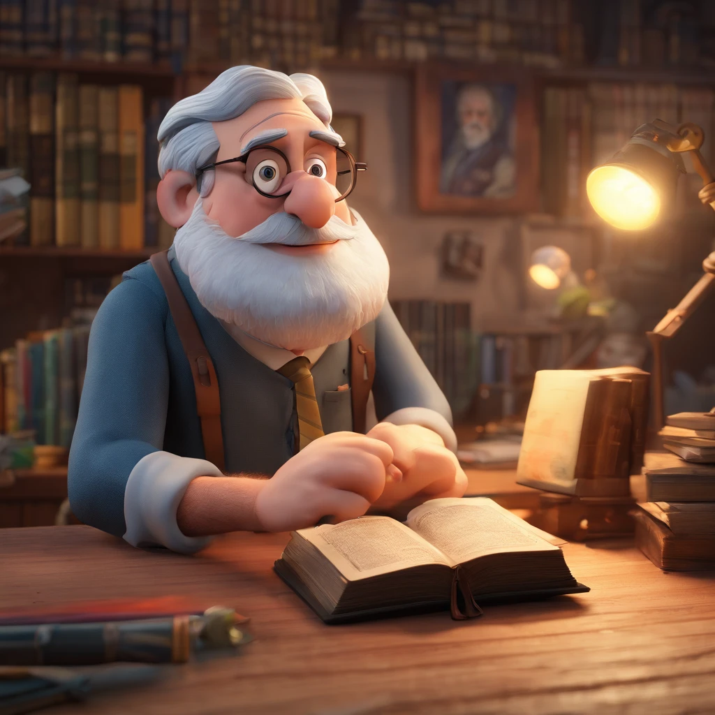 Crie um cartaz inspirado na Disney Pixar com o personagem sendo o pastor Rubens Janier, A gray-haired man wearing glasses, in an office with a Bible on the table