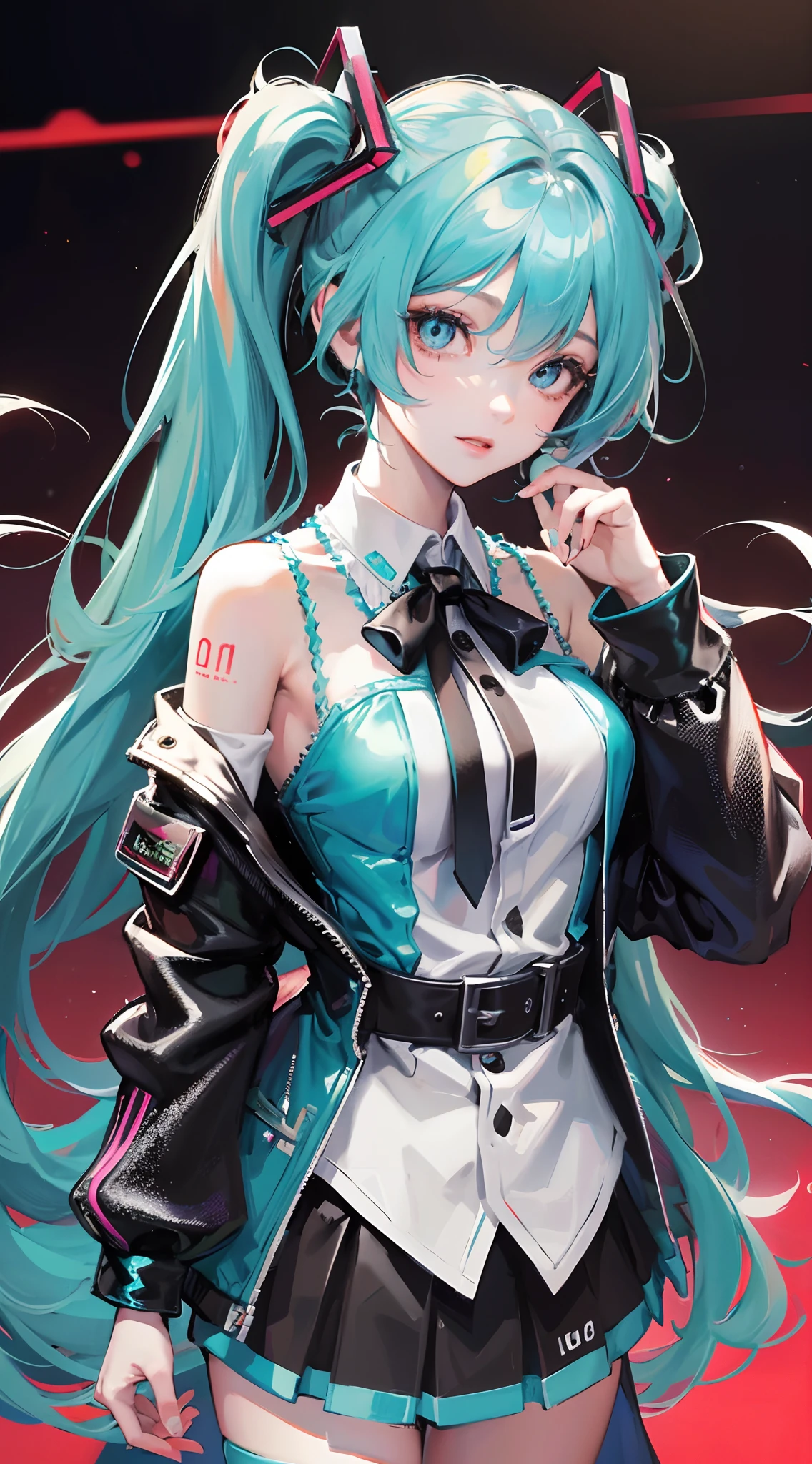 Absurdres masterpiece HDR high quality picture of Hatsune Miku, very young age girl 14 years old with detailed face, simple hair design , beautiful face, hands on waist and hands are hiding in her hair and clothes , very long hair, ((random hair style:1 )) , anime eyes, light skin , 

Devil Girl outfit , black wings, detailed hair ornaments  , concert stage background, masterpiece scenery
