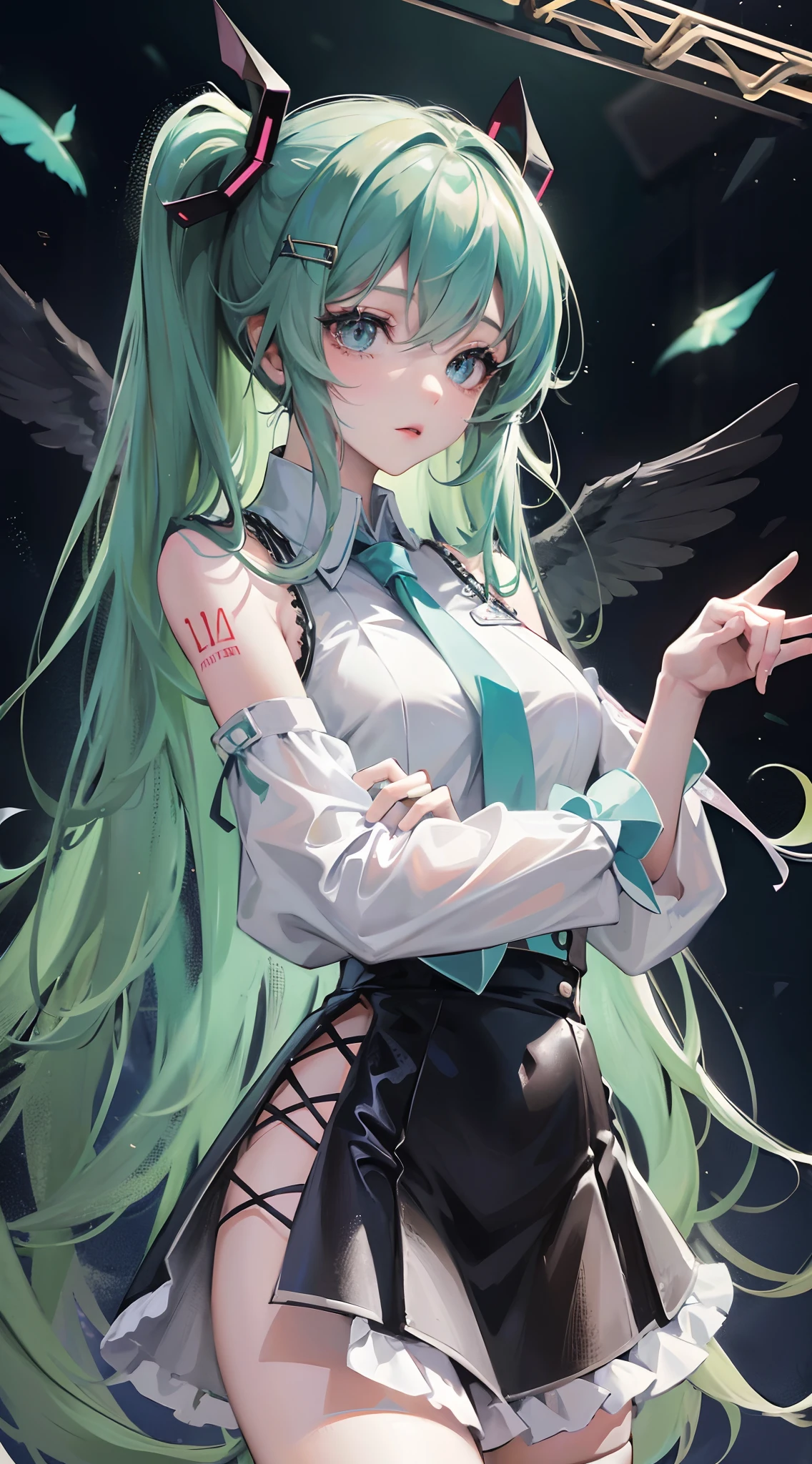 Absurdres masterpiece HDR high quality picture of Hatsune Miku, very young age girl 14 years old with detailed face, simple hair design , beautiful face, hands on waist and hands are hiding in her hair and clothes , very long hair, ((random hair style:1 )) , anime eyes, light skin ,
Devil Girl outfit , black wings, detailed hair ornaments , concert stage background, masterpiece scenery