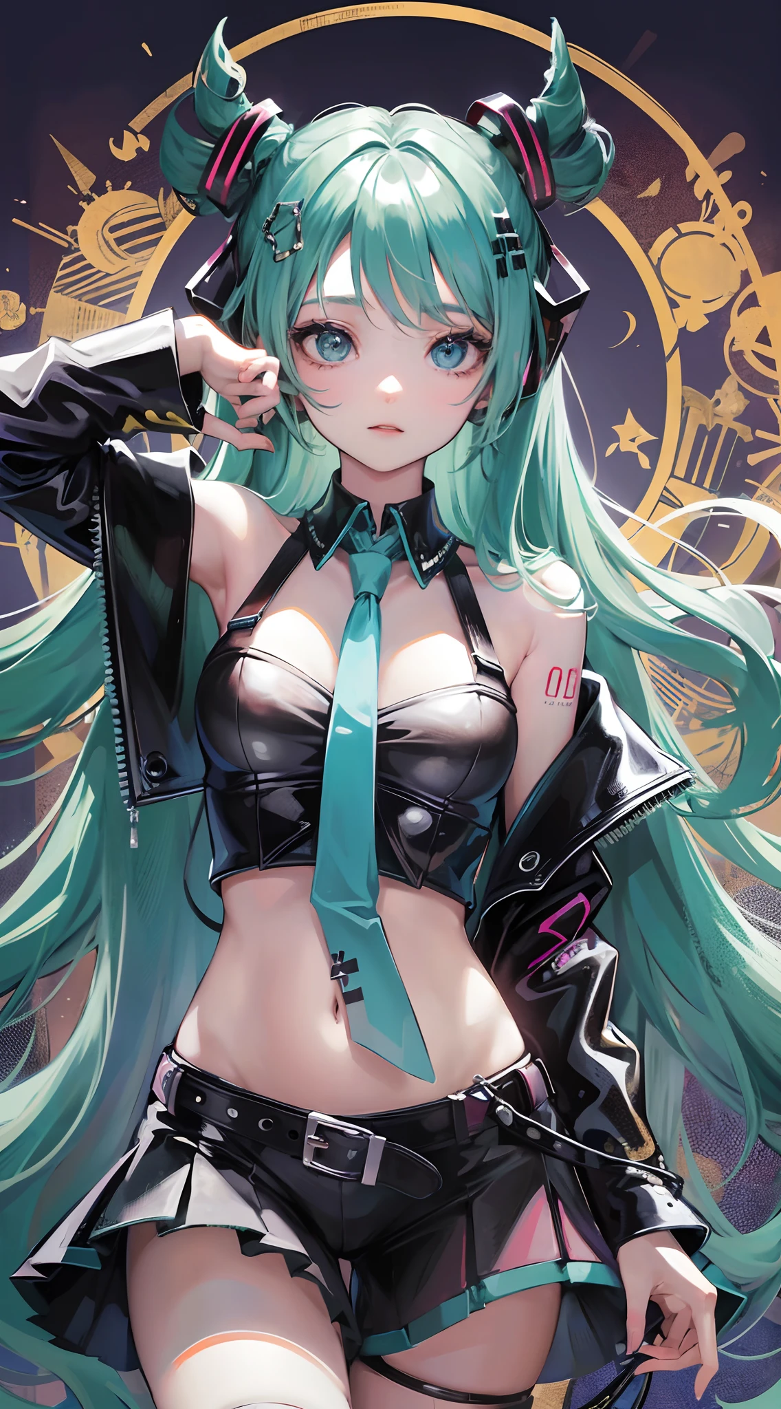 Absurdres masterpiece HDR high quality picture of Hatsune Miku, very young age girl 14 years old with detailed face, simple hair design , beautiful face, hands on waist and hands are hiding in her hair and clothes , very long hair, ((random hair style:1 )) , anime eyes, light skin , 

Devil Girl outfit , black wings, detailed hair ornaments  , concert stage background, masterpiece scenery
