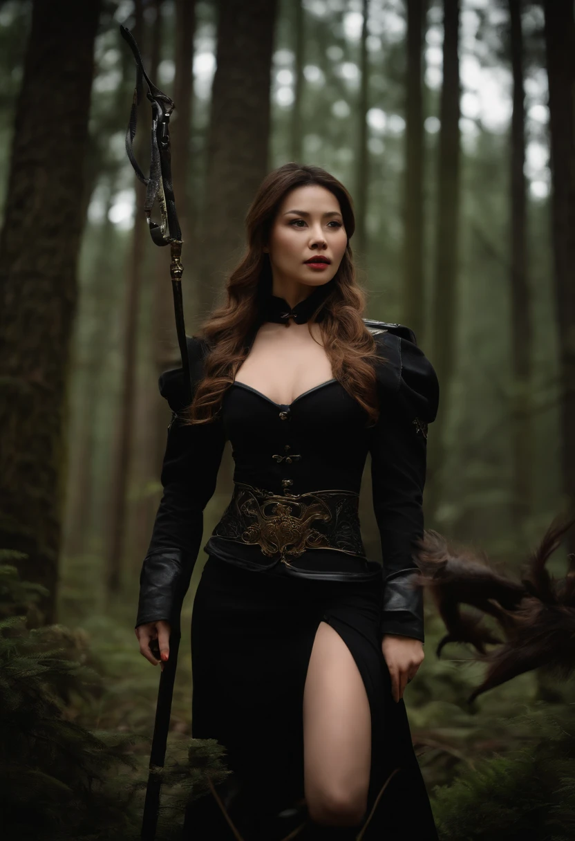 In the middle of a large ancient forest,The beautiful woman has a leather whip in her hand,Wear a tight uniform,Black stockings on her legs,Wear high heels,Beauty leg length,Big chest,Riding a strong Chinese dragon