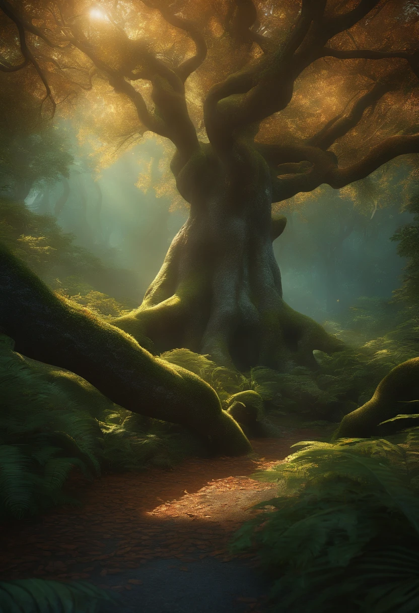 (best quality,8k,highres,masterpiece:1.2),ultra-detailed,realistic:1.37,a mystical forest with giant trees, hidden magical creatures, vibrant colors, soft lighting, fantasy, enchanted atmosphere, ethereal, majestic tree trunks, luminous foliage, mysterious and captivating, surreal, dreamlike, fairy tale, whimsical, mystical beings peeking through the branches.