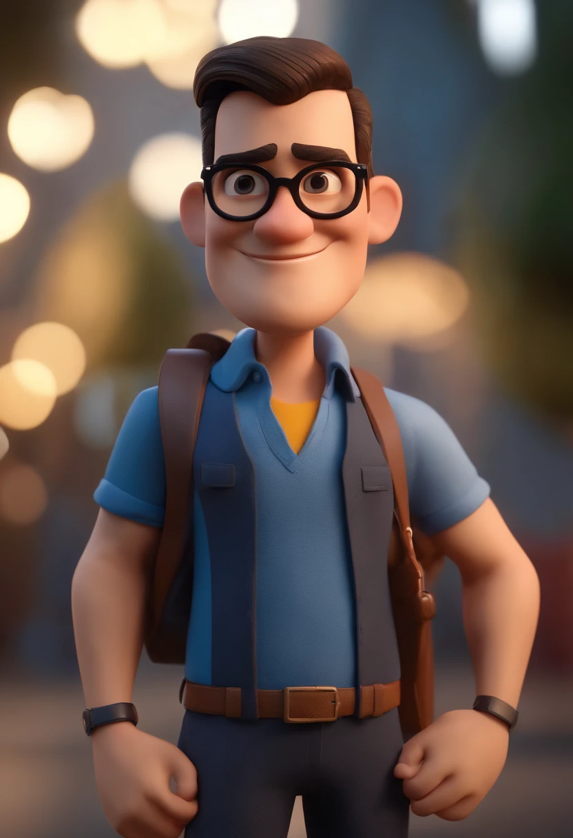 Cartoon character of a man wearing black glasses and a blue shirt, um personagem animado, Caractere estilizado, animation style rendering, 3D estilizado, Arnold Maya render, 3 d render stylized, toon render keyshot, Personagem 3D, Personagem 3D, 3d rendering stylized, 3 d character render, personagem de desenho animado, Personagem de close up, Pose de personagem, (Estilo Pixar) (master part:1.2) (Bokeh) (best quality) (pele detalhada) (textura detalhada) (8k) (argila) (Cinematic lighting) (foco nítido,Senta e vaza a parte superior do corpo