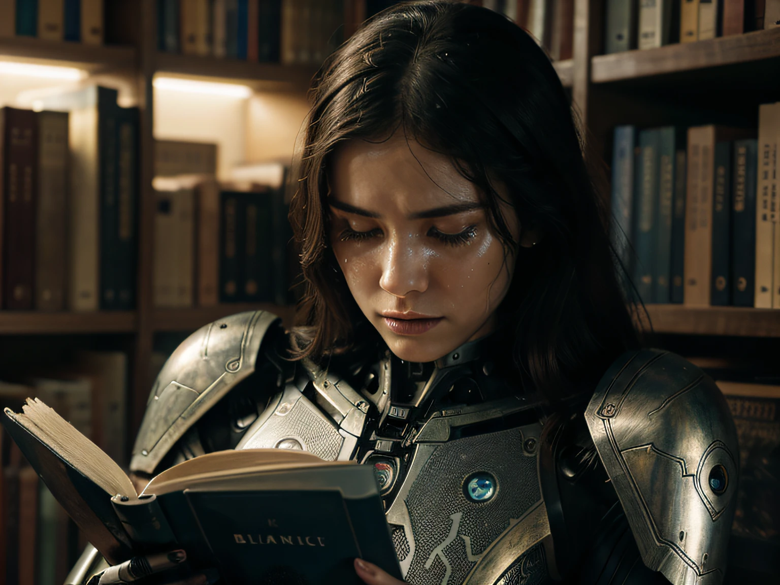 "female robot, reading a book, crying, emotional, expressive eyes, tear drops, metallic body, delicate features, intricate machinery, futuristic setting, dimly lit, vivid colors, realistic rendering, detailed textures, high resolution, digital art, science fiction aesthetics, sorrowful expression, dramatic atmosphere, bookshelf in the background, vintage books, soft lighting, melancholic mood, artistic interpretation"