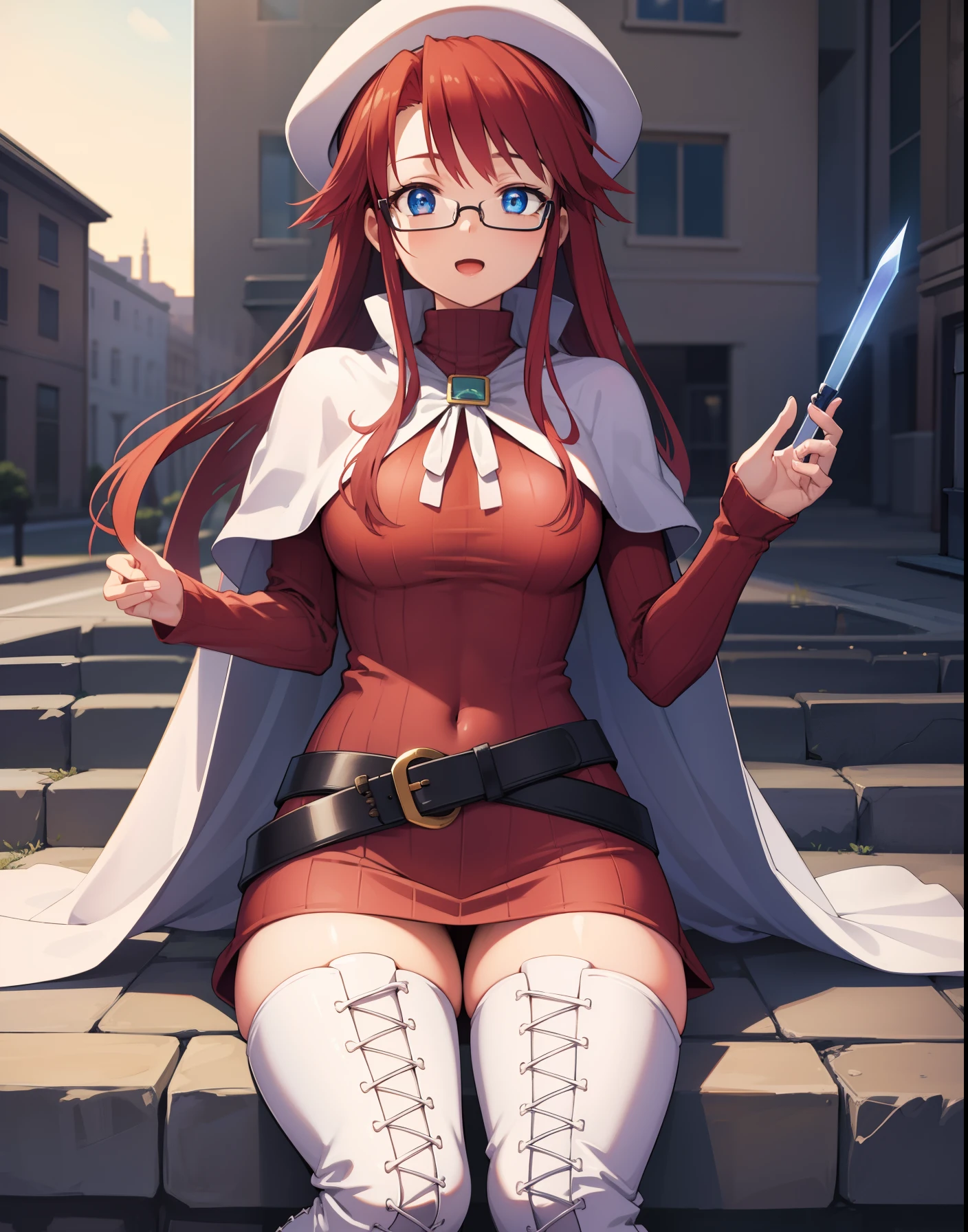 summonnightaty, aty, long hair, blue eyes, red hair, beret, hat, glasses,
BREAK long hair, thighhighs, hat, dress, boots, glasses, belt, cape, sweater, zettai ryouiki, beret, thigh boots, white footwear, ribbed sweater, loose belt,,
BREAK outdoors, fantasy_city,
BREAK (masterpiece:1.2), best quality, high resolution, unity 8k wallpaper, (illustration:0.8), (beautiful detailed eyes:1.6), extremely detailed face, perfect lighting, extremely detailed CG, (perfect hands, perfect anatomy),covered_nipples,covered_navel,light_smile,dynamic_posing,half_eyes,spread_legs,open_mouth,sword,sitting,