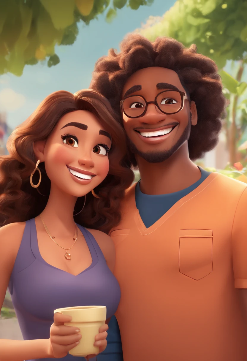 An illustration of an adorable couple, Highlight for a chubby mulatto man with smiling glasses and a brunette woman with beautiful expressive eyes - the man's skin is mulatto and the man's hair has, while the woman's skin is black and the woman's hair is straight and brown. They are a bright room, cada um com um sorriso no rosto, e compartilhar um momento especial caracterizado pelo amor, Insights. Illustrate this scene from a perspective where they are facing the camera, Smiling and Showing Your Connection. Desenvolva esta arte em Full HD, Focus on your cinematic touch, Estilo Disney Pixar Animations