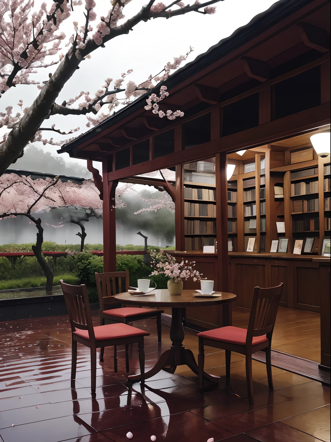 tearoom，A plum blossom，a warm color palette，janelas，rain，The smell of books，SakuraNS，The smell of books，Photoion，tmasterpiece，highest  quality，There are no characters