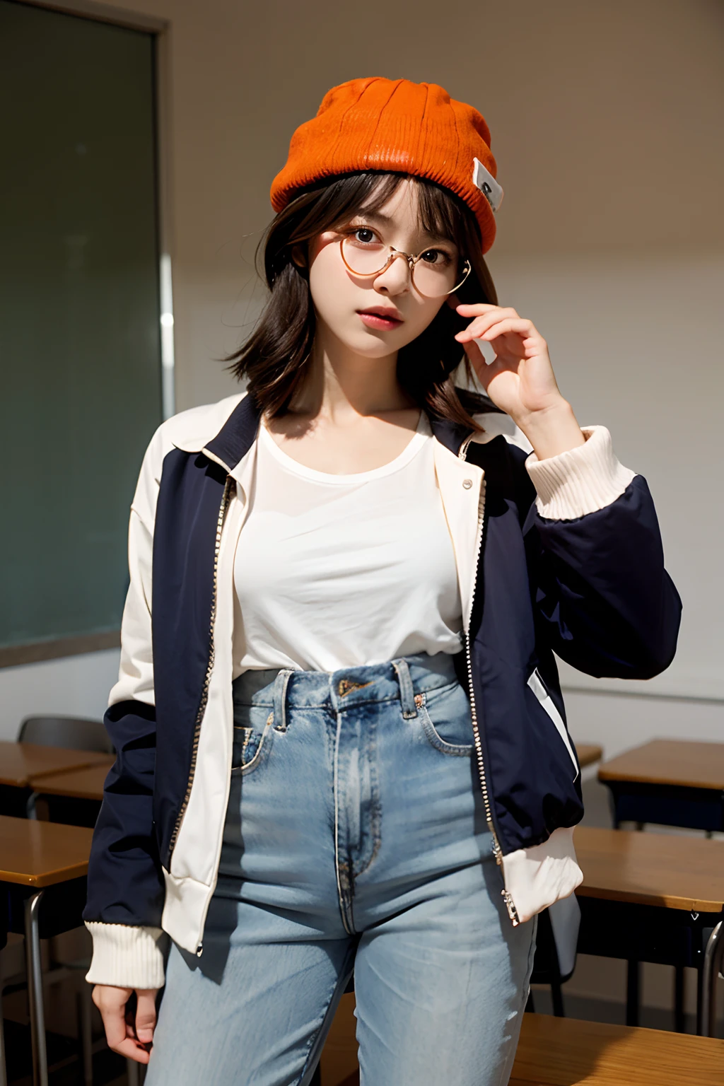 1girl,hair with bangs,black long dress,orange background, black hair, hair between eyes, (brown eyes:1.5), short hair, BREAK shirt, white shirt, jacket, open jacket, pants, denim, beanie, (red beanie:1.2), BREAK looking at viewer, BREAK indoors, classroom, (adjusting eyewear:1.2)