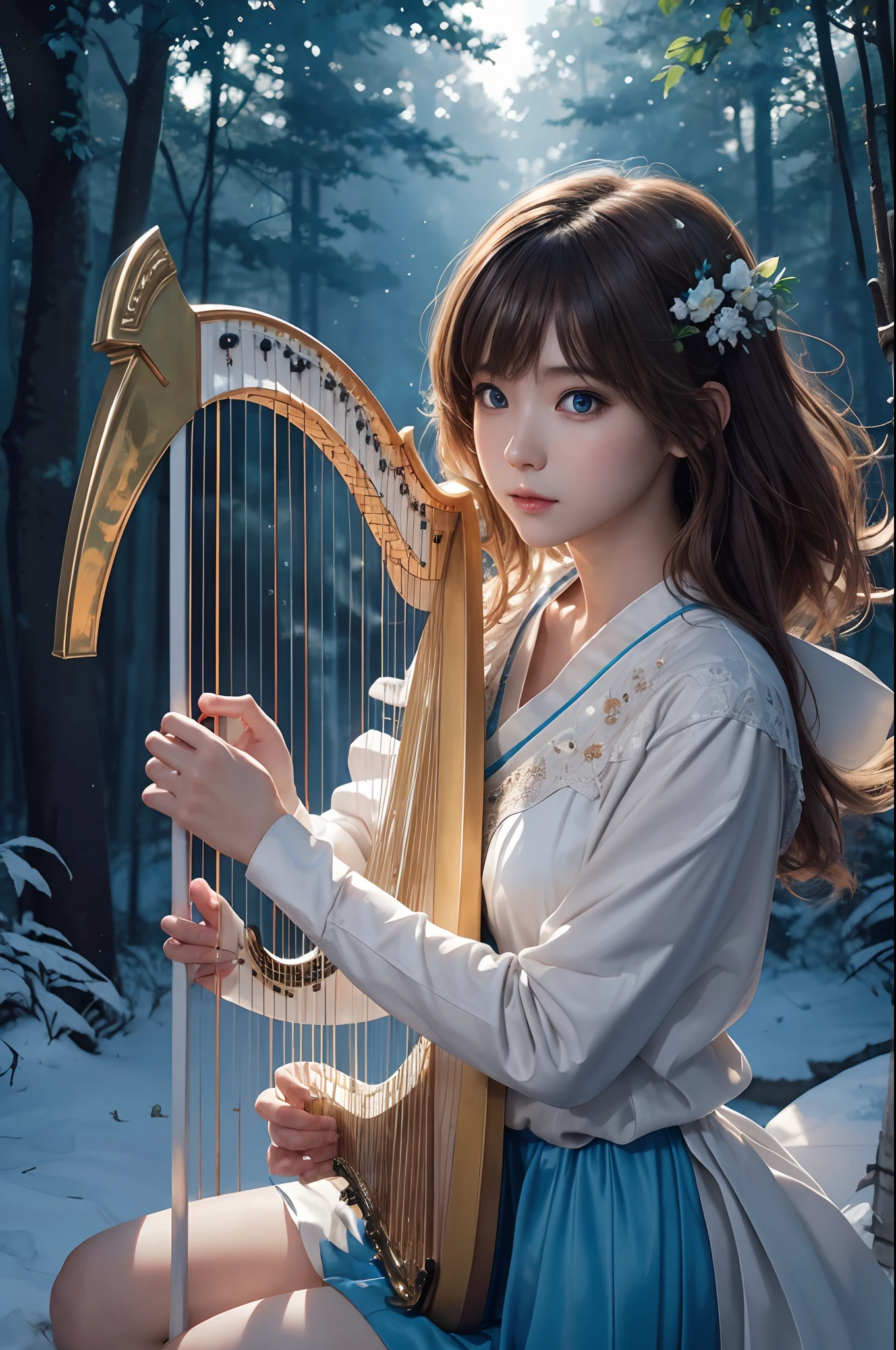hightquality、8K Ultra HD、fullllbody、A -yeld fee harpist is playing the harp、robe blanche、light brown hair、Blue eyes、(There is a nice healing forest in the background)、cute little、Beautiful fece、portlate、A kitten、art by:Alberto Seveso、Symmetrical、Abstract art style、Complex and intricate watercolor painting 、digitial painting、explosion of colors、concept-art、Volumetric lighting、TanvirTamim、metal reflective、2d render、8K。 by artgerm、Trending on ArtStation