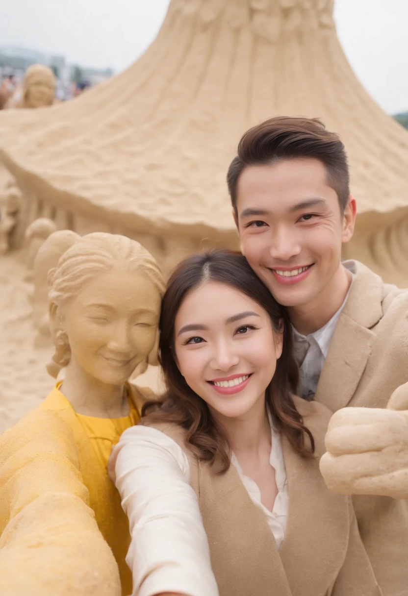beautiful intricate detail, (couple, one man, one woman:1.4), bangs, ohime-cut, hairpin, yellow jacket, (selfie, bright smile, looking at you, close up:1.4), detailed background, (sapporo sun festival, sand sculptures in back:1.4), [sand],sand glint, natural light