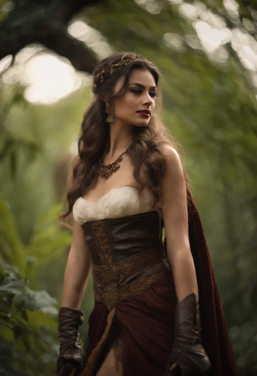 In the middle of a large ancient forest，The beautiful woman has a leather whip in her hand，Wear a tight uniform，Black stockings on her legs，Wear high heels，Beauty leg length，Big chest，Riding a strong Chinese dragon