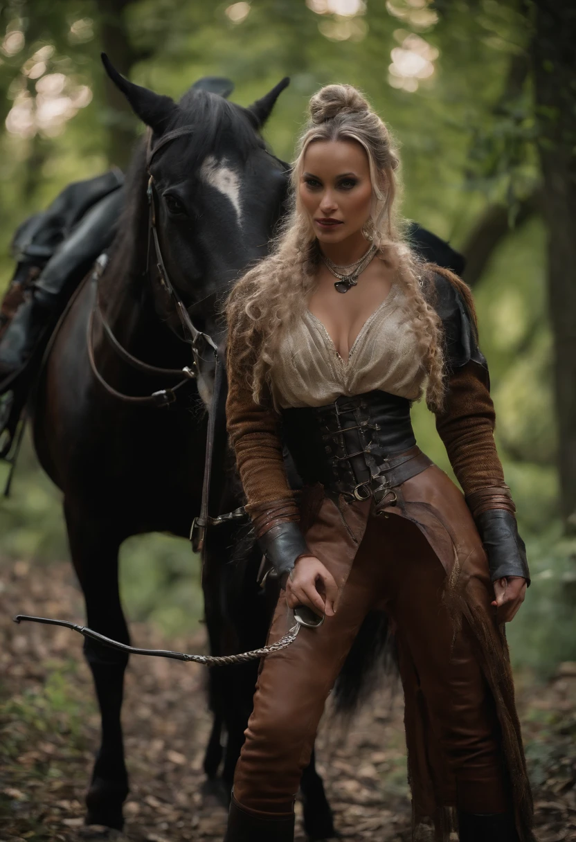 In the middle of a large ancient forest,The beautiful woman has a leather whip in her hand,Wear a tight uniform,Black stockings on her legs,Wear high heels,Beauty leg length,Big chest,Riding a strong Chinese dragon