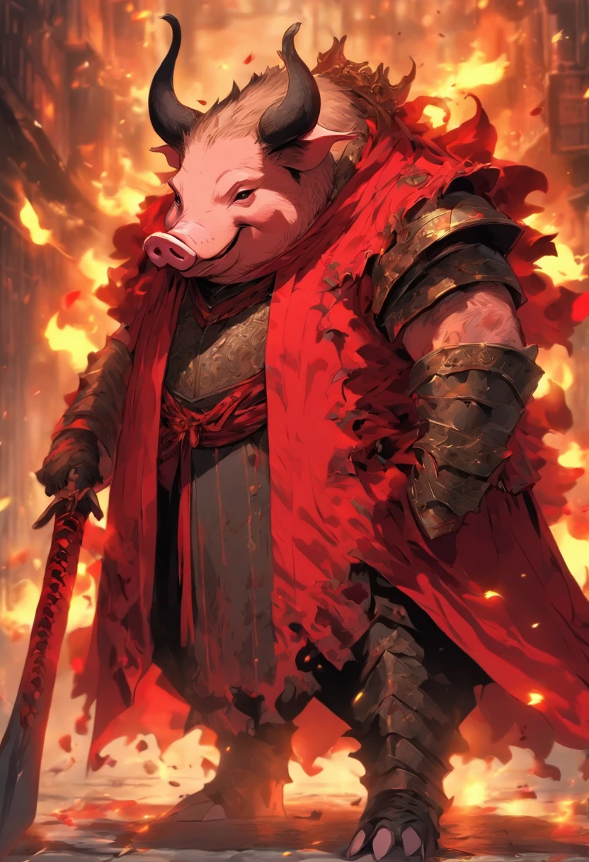 Pig demon,fatness,Dressed in armor,The robe was worn over the armor,He had a long axe in his hand,Fierce expression,irate