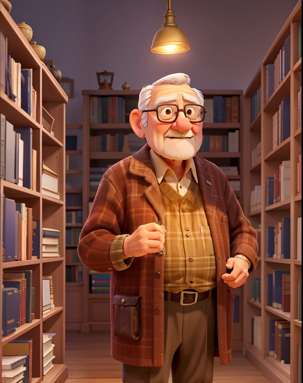 A wise old man standing in front, illuminated by the light of a lamp, against the backdrop of a library