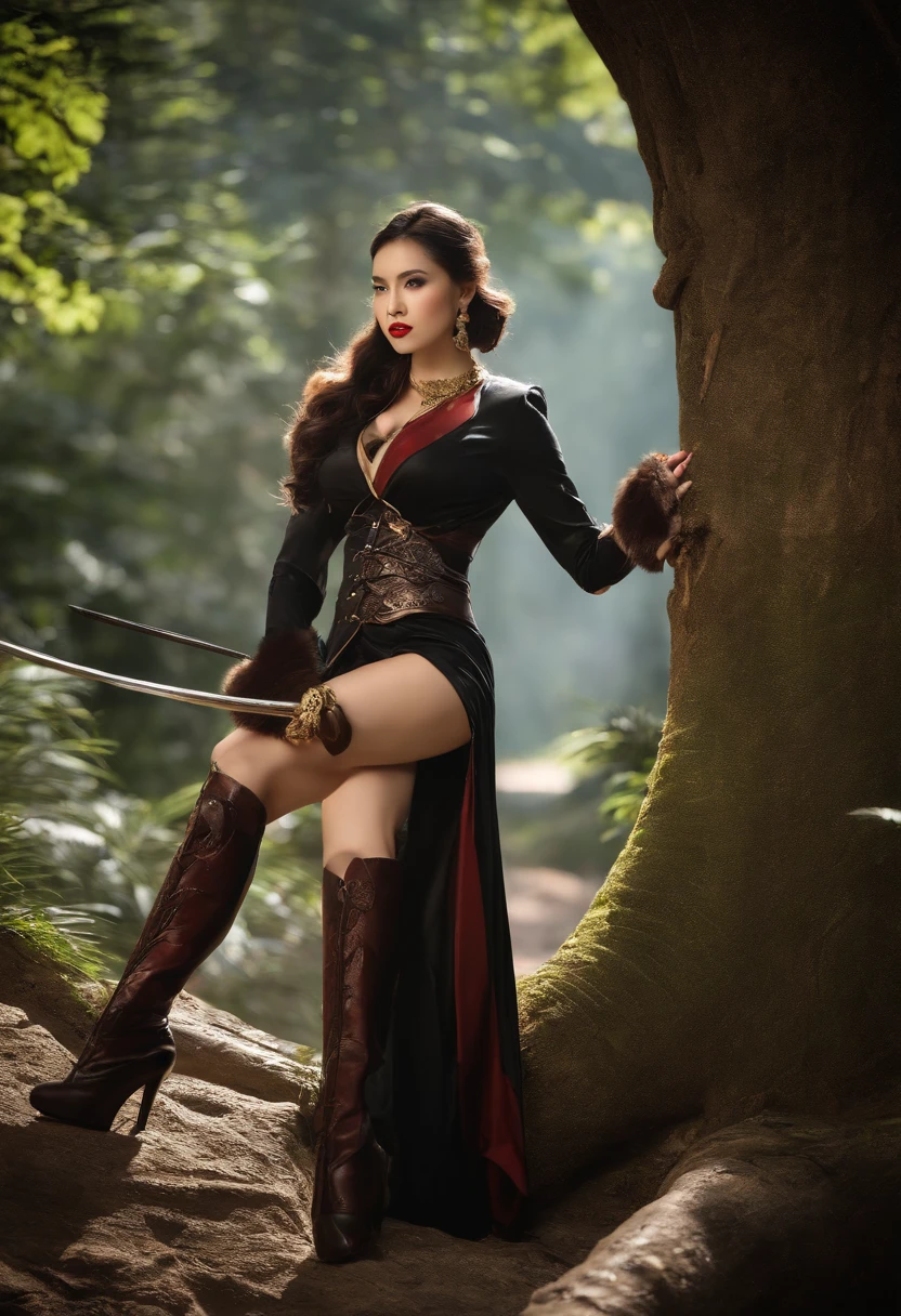 In the middle of a large ancient forest，The beautiful woman has a leather whip in her hand，Wear a tight uniform，Black stockings on her legs，Wear high heels，Beauty leg length，Big chest，Riding a strong Chinese dragon