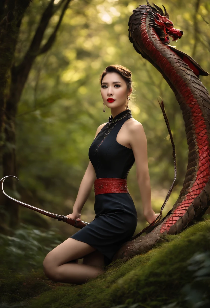 In the middle of a large ancient forest,The beautiful woman has a leather whip in her hand,Wear a tight uniform,Black stockings on her legs,Wear high heels,Beauty leg length,Big chest,Riding a strong Chinese dragon