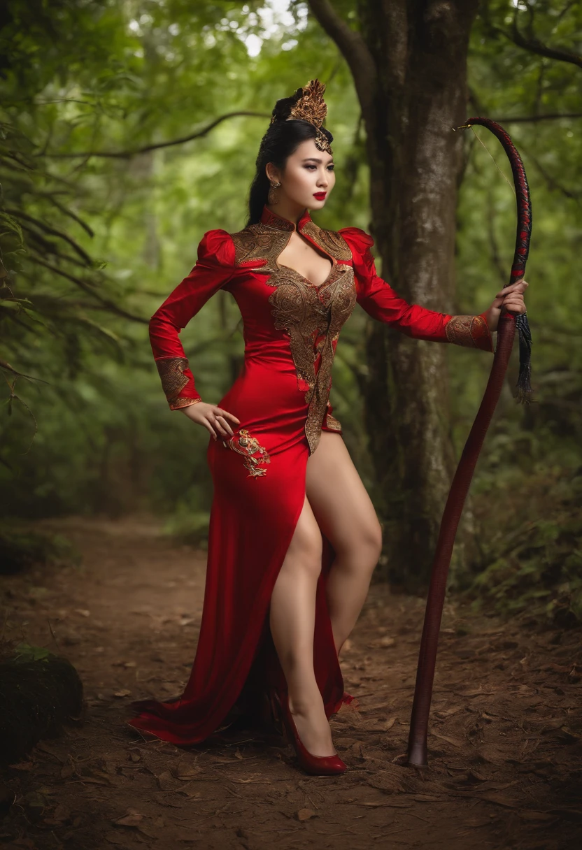 In the middle of a large ancient forest,The beautiful woman has a leather whip in her hand,Wear a tight uniform,Black stockings on her legs,Wear high heels,Beauty leg length,Big chest,Riding a strong Chinese dragon