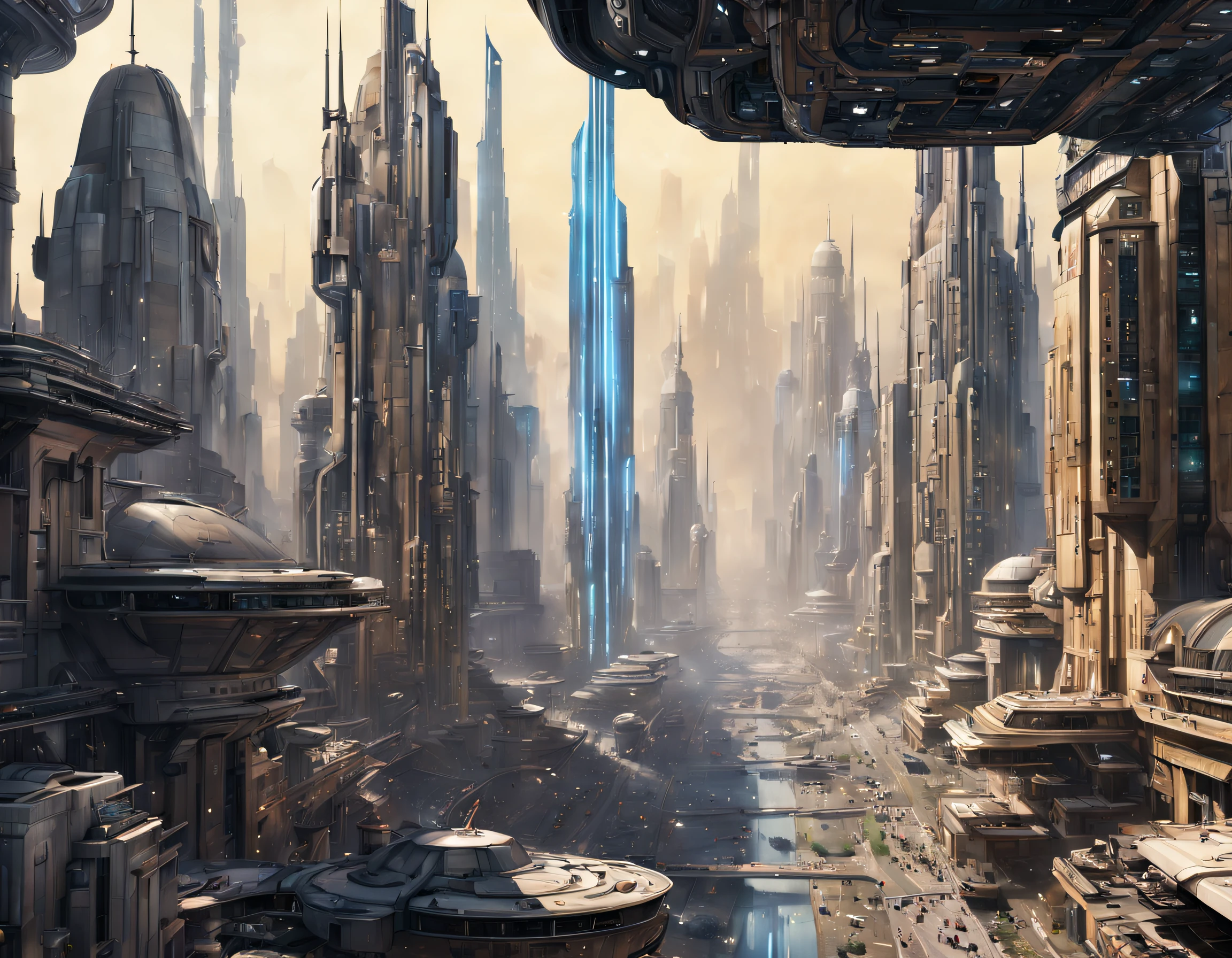 ((The city of Coruscant from Star Wars as designed by Doug Chiang)), futuristic fantasy city with immense buildings of technological design (que forman una avenida infinita), edificios compactor no difuminados, con estructuras acristaladas espectaculares, (con colores vivos y vibrantes). pavimento ensolado (sin brillo). gente paseando. imagen bien definida con muchos edificios juntos. imagen nitida bien definida 8k. los edificios llegan alta el fondo.,8k. imagen cinematografica.