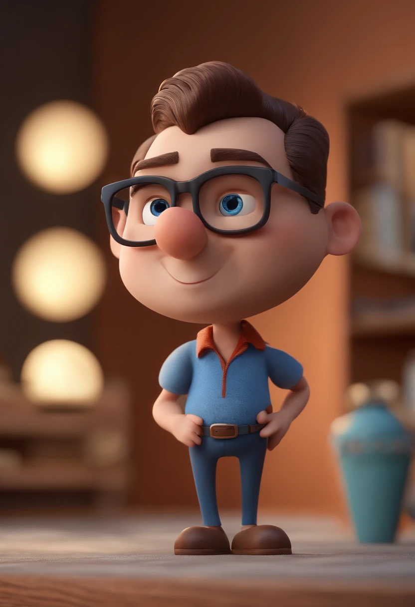 Cartoon character of a man with black glasses and a blue shirt, animation character, Caractere estilizado, animation style rendering, 3D estilizado, Arnold Maya render, 3 d render stylized, toon render keyshot, Personagem 3D, Personagem 3D, 3d rendering stylized, 3 d character render, personagem de desenho animado, Personagem de close up, Pose de personagem,  (Estilo Pixar) (master part:1.2) (Bokeh) (best quality) (pele detalhada) (textura detalhada) (8k) (argila) (Cinematic lighting) (foco nítido