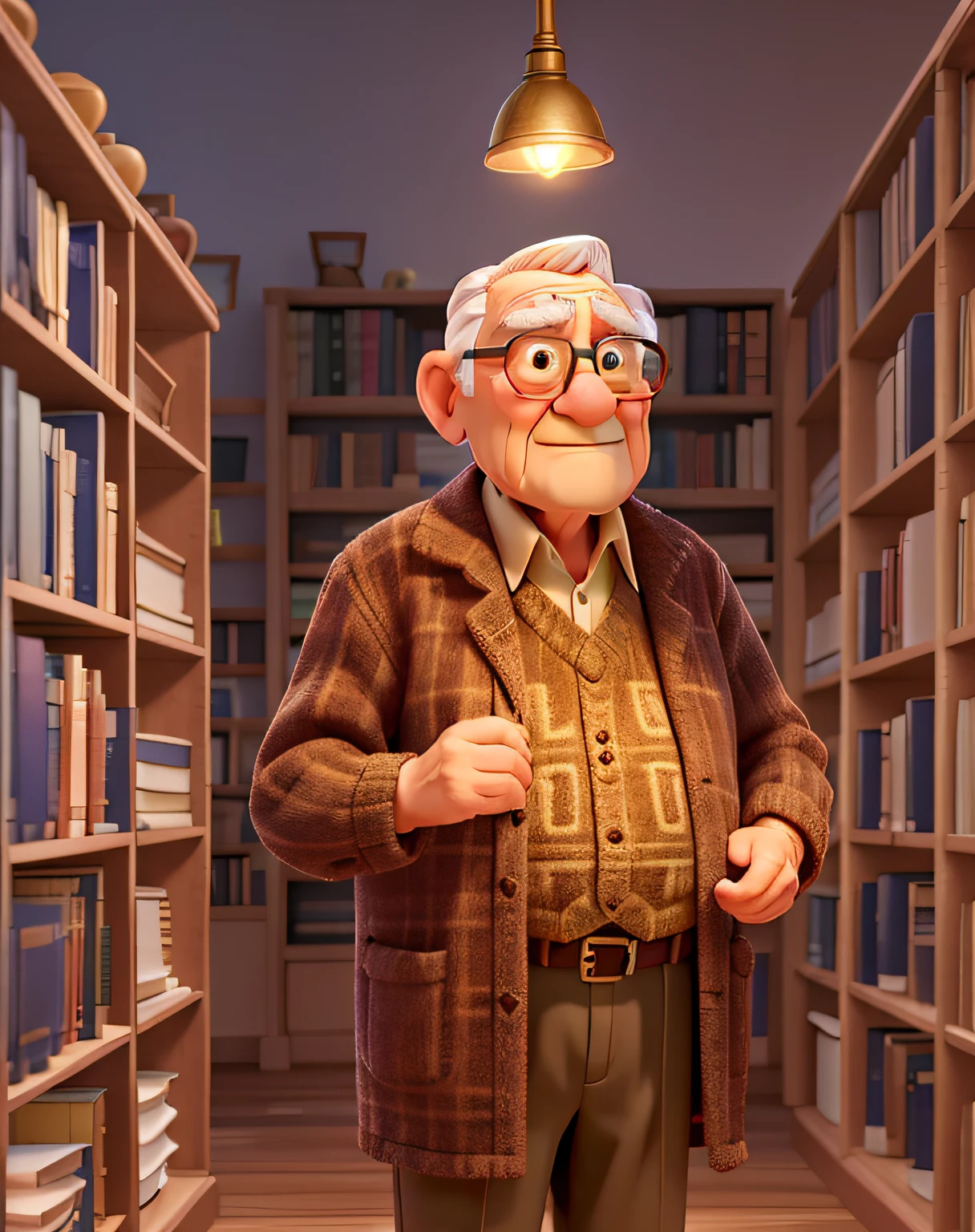 A wise old man standing in front, illuminated by the light of a lamp, against the backdrop of a library