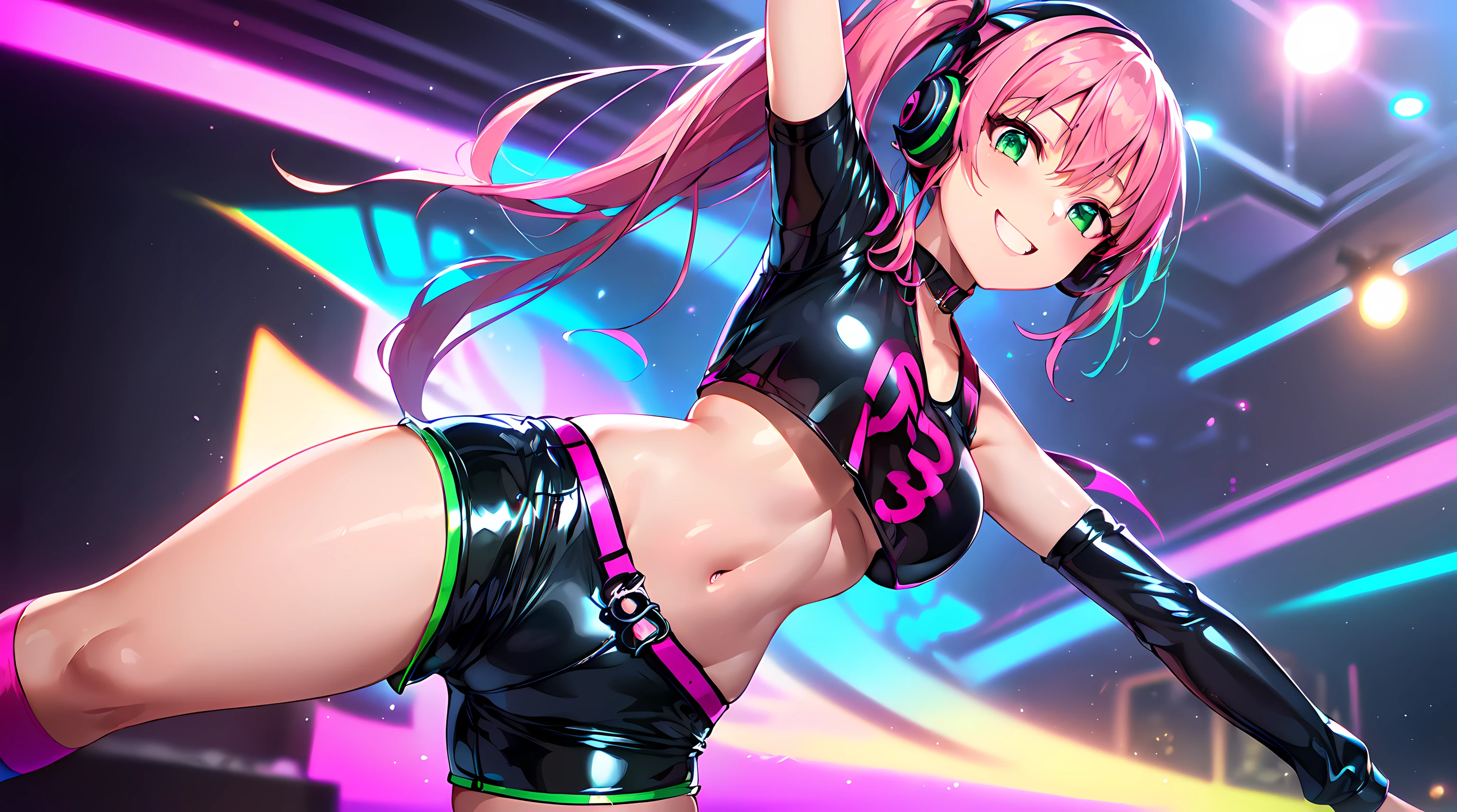 masterpiece, 1girl ((20year old, dressed in a tight shiny latex crop top exposes navel, shiny tight shorts, knee high socks and sneakers, medium breasts, multicolor pink hair, twin ponytails, perfect model body:1.3, detailed green eyes:1.5, flirting, happy, big smile, wearing headphones, mid shot:1.3, standing in a dance club, with a crowd in the background, energetic and neon atmosphere:1.2)) ((solo:1.6))