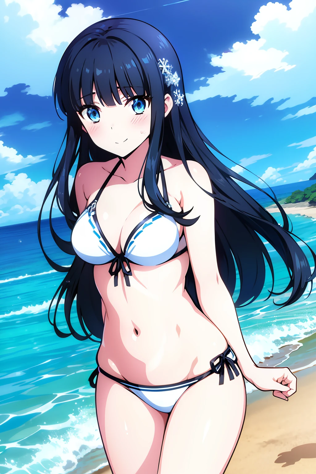 Miyuki, 1girl in, Solo, long_hair, Bangs, Blue_Eyes, Black_hair, hair_ornament detached, blunt_Bangs, Yuki, Snowflake_hair_ornament detached、Look at viewers、embarrassed, Blushing, A smile,(a white bikini:1.3),(the beach:1.3)、thighs thighs thighs thighs、cowboy shot、Bare neck、Bare arms、bare shoulders、bare elbows、Bare hands
