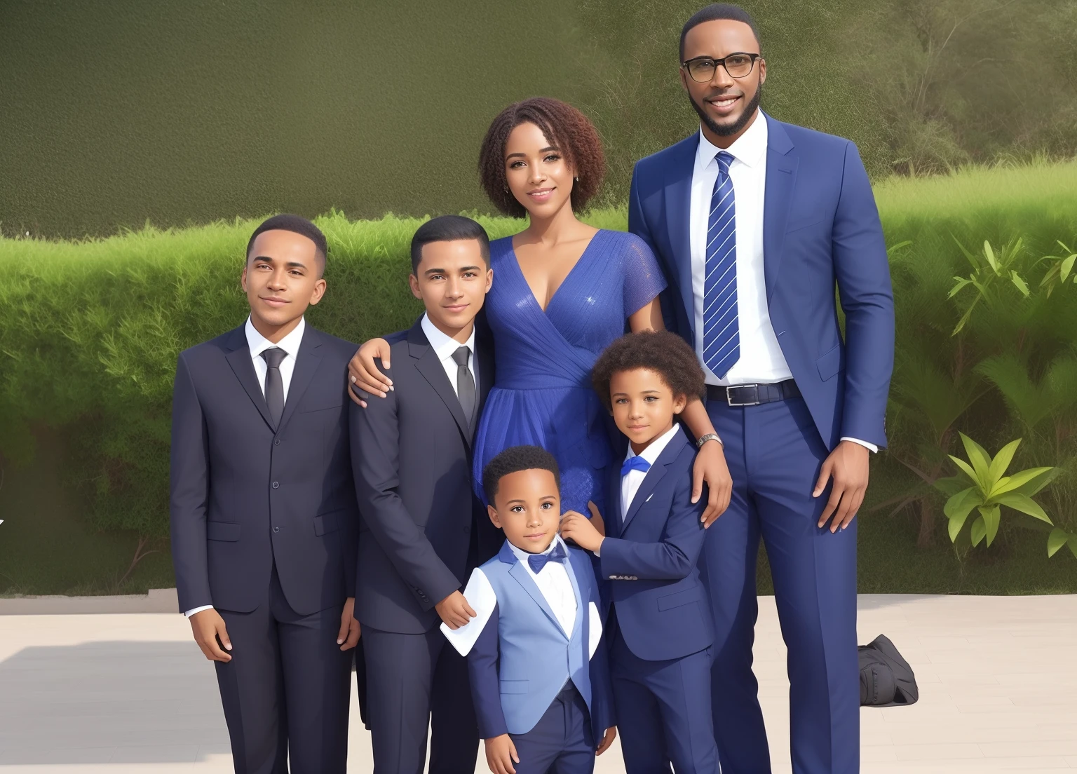 There's a group of people together in suits and ties, imagem de perfil, taken in the early 2020s, Directed by: vestindo ternos!, belos arredores, Black skin color family photo, mulher de cor de pele branca, homem sem barba , Sorindo, foto do perfil, lindo dia ensolarado brilhante, next gen, divertindo-se,
