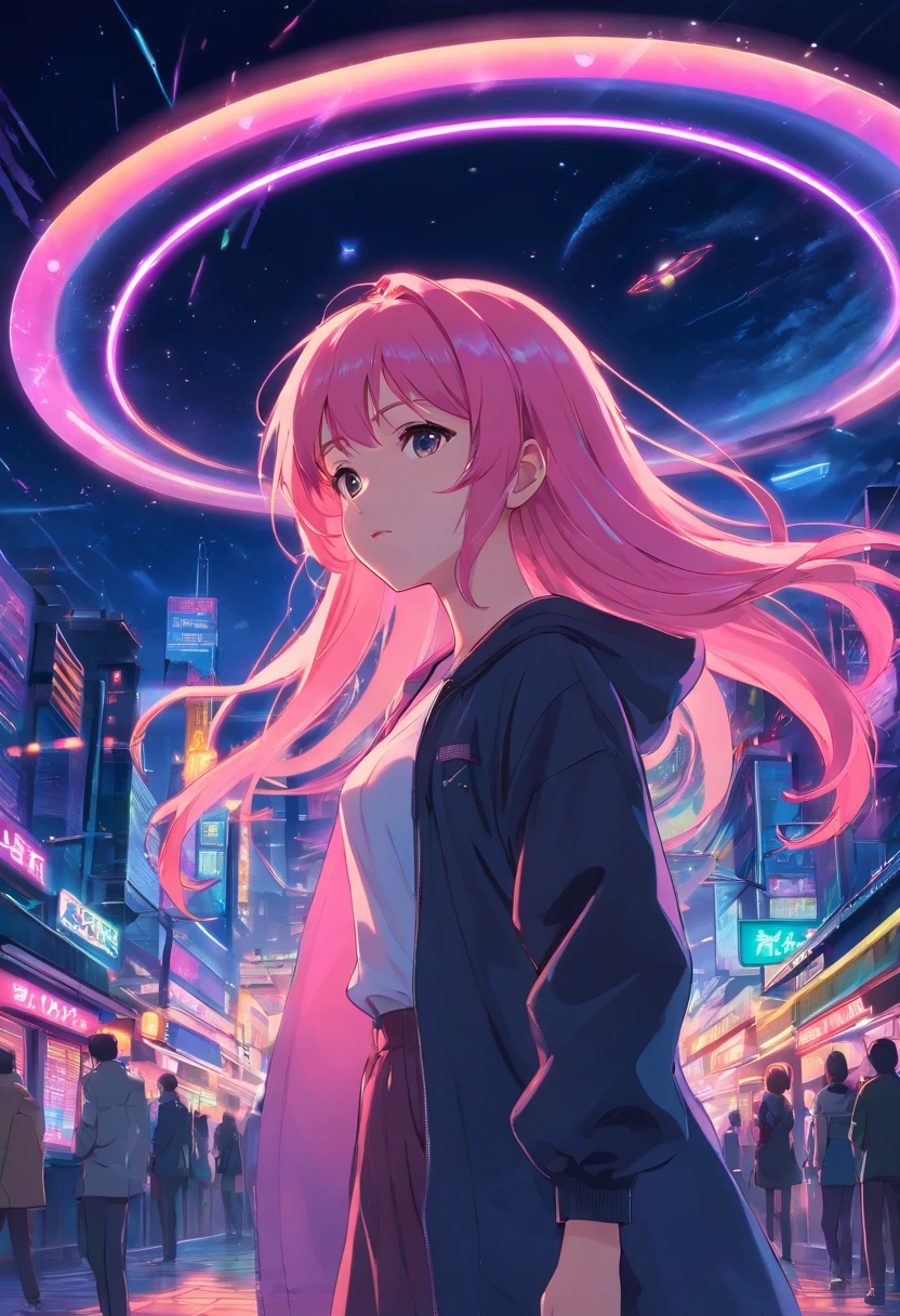 Woman with long pink hair, night time, Neon, flying saucer, kidnapping, galaxy background, neon lights, Black clothes with LED, 4k