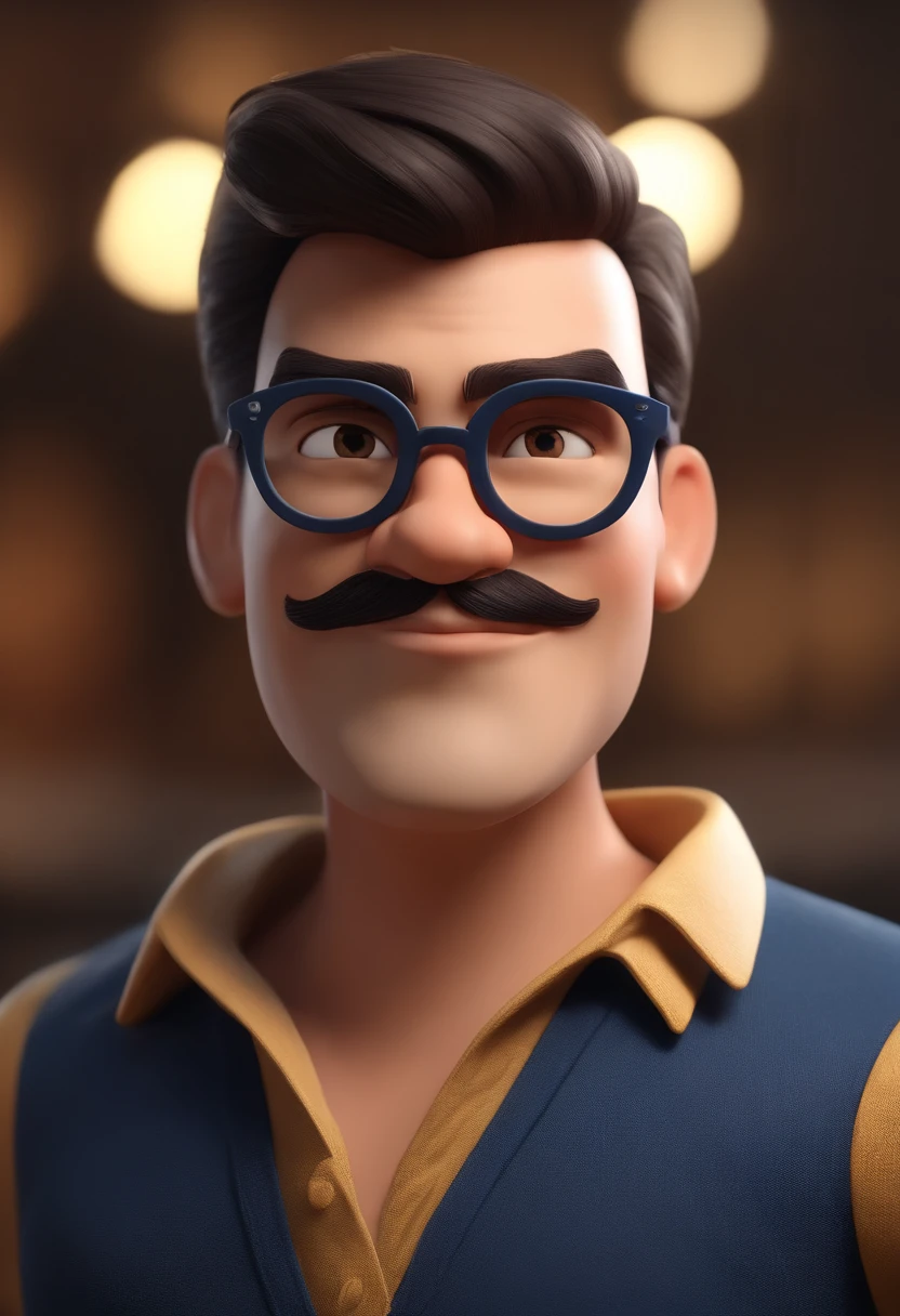 Cartoon character of a man wearing black glasses and a blue shirt, um personagem animado, Caractere estilizado, animation style rendering, 3D estilizado, Arnold Maya render, 3 d render stylized, toon render keyshot, Personagem 3D, Personagem 3D, 3d rendering stylized, 3 d character render, personagem de desenho animado, Personagem de close up, Pose de personagem, (Estilo Pixar) (master part:1.2) (Bokeh) (best quality) (pele detalhada) (textura detalhada) (8k) (argila) (Cinematic lighting) (foco nítido,Senta e vaza a parte superior do corpo