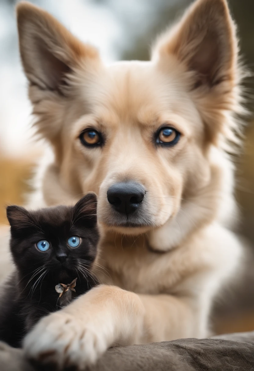 a medium beige-colored dog with black eyes with a childlike face and a small cat with gray and black fur and blue eyes