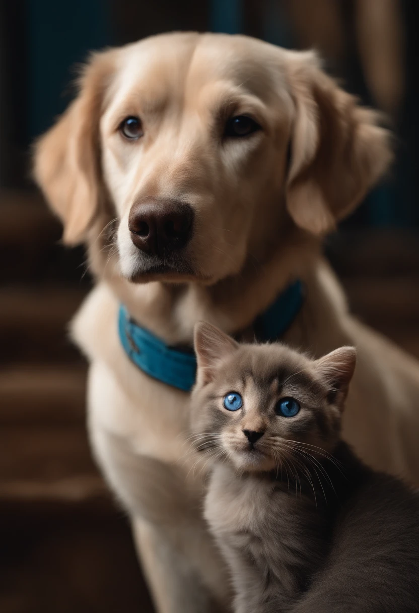 a medium beige-colored dog with black eyes with a childlike face and a small cat with gray and black fur and blue eyes