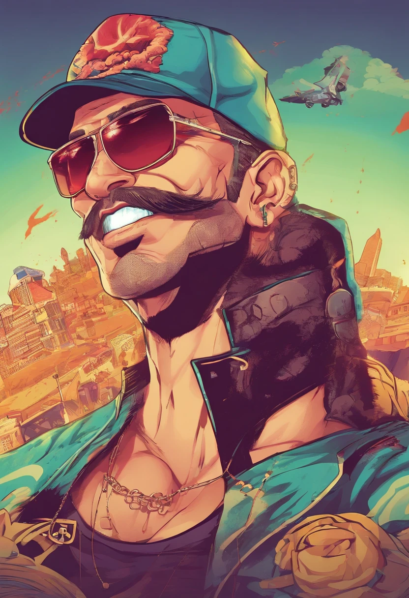 （high dynamic range）machos adultos、Caucasiana、Cabelos Prateados、[[um colar、mustache、piercings]]、（ultra-detalhada）Matrix Sunglasses、black hat、camisetas brancas、Desenhos animados em um terno preto、Wind illustration, arte dos desenhos animados, arte dos desenhos animados, in digital illustration style, design de personagem altamente detalhado,design de personagem retrato, beautiful digital illustrations, retrato de alta qualidade, arte dos desenhos animados, Retrato de um design de personagem、