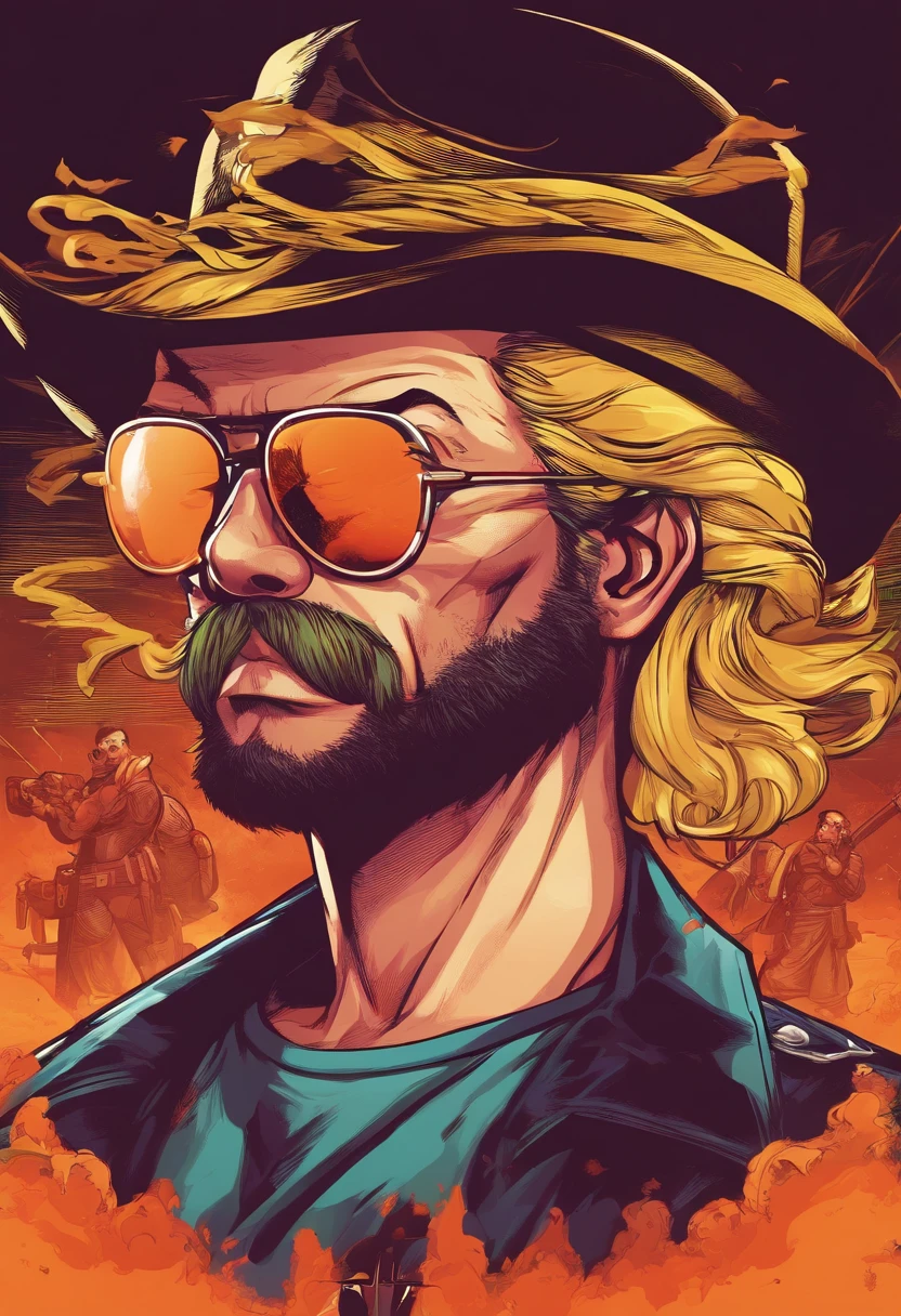 Haute, fat guy, short blonde curly hair, Cyan eyes, Small beard, cowboy hat, leather jacket, red t-shirt, cigar, Masterpiece, high qulity
