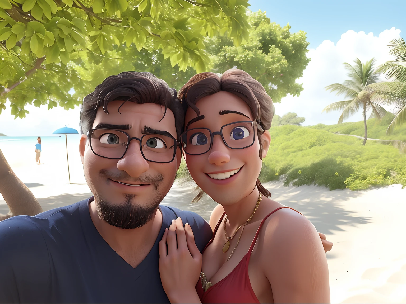 there is a man and woman posing for a picture on the beach, thomas danthony and malika favre, happy couple, by Nándor Katona, malika favre, photo from the back, inspired by Antônio Parreiras, with nerdy! glasses! and goatee, vacation photo, inspired by Francis Souza in a cartoon 3D style