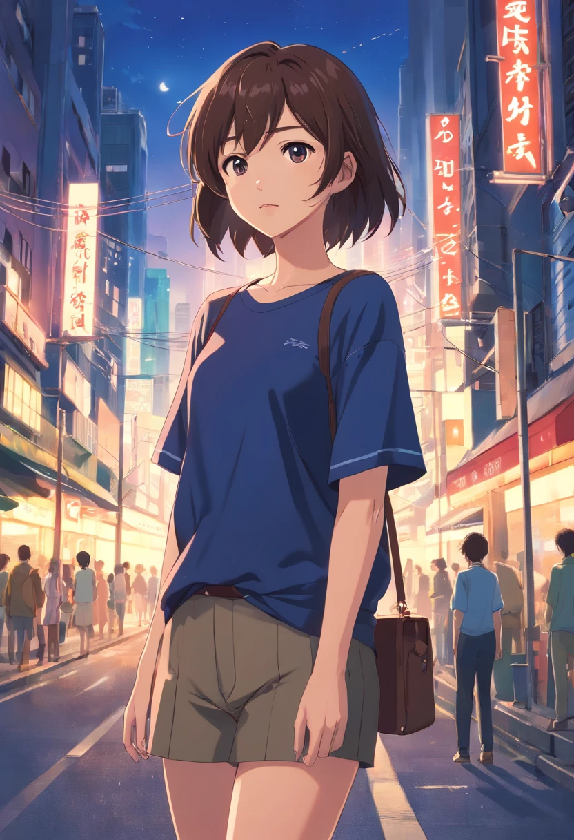 (Best Quality, High Resolution, Masterpiece :1.3), a handsome female, Slender figure, Dark brown hair, tshirt, (Street in Night City), Highly Detailed Facial and Skin Texture, 詳細な目, 二重まぶた
