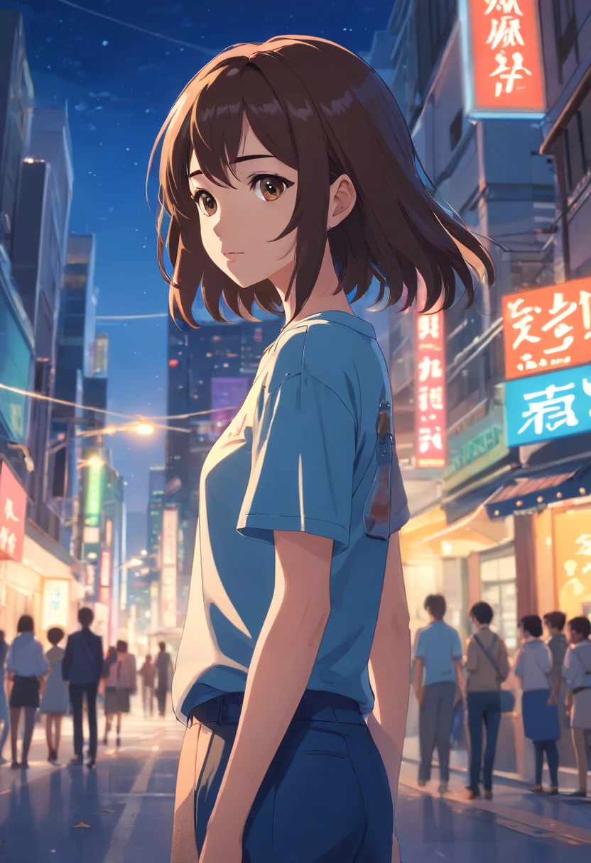 (Best Quality, High Resolution, Masterpiece :1.3), a handsome female, Slender figure, Dark brown hair, tshirt, (Street in Night City), Highly Detailed Facial and Skin Texture, 詳細な目, 二重まぶた