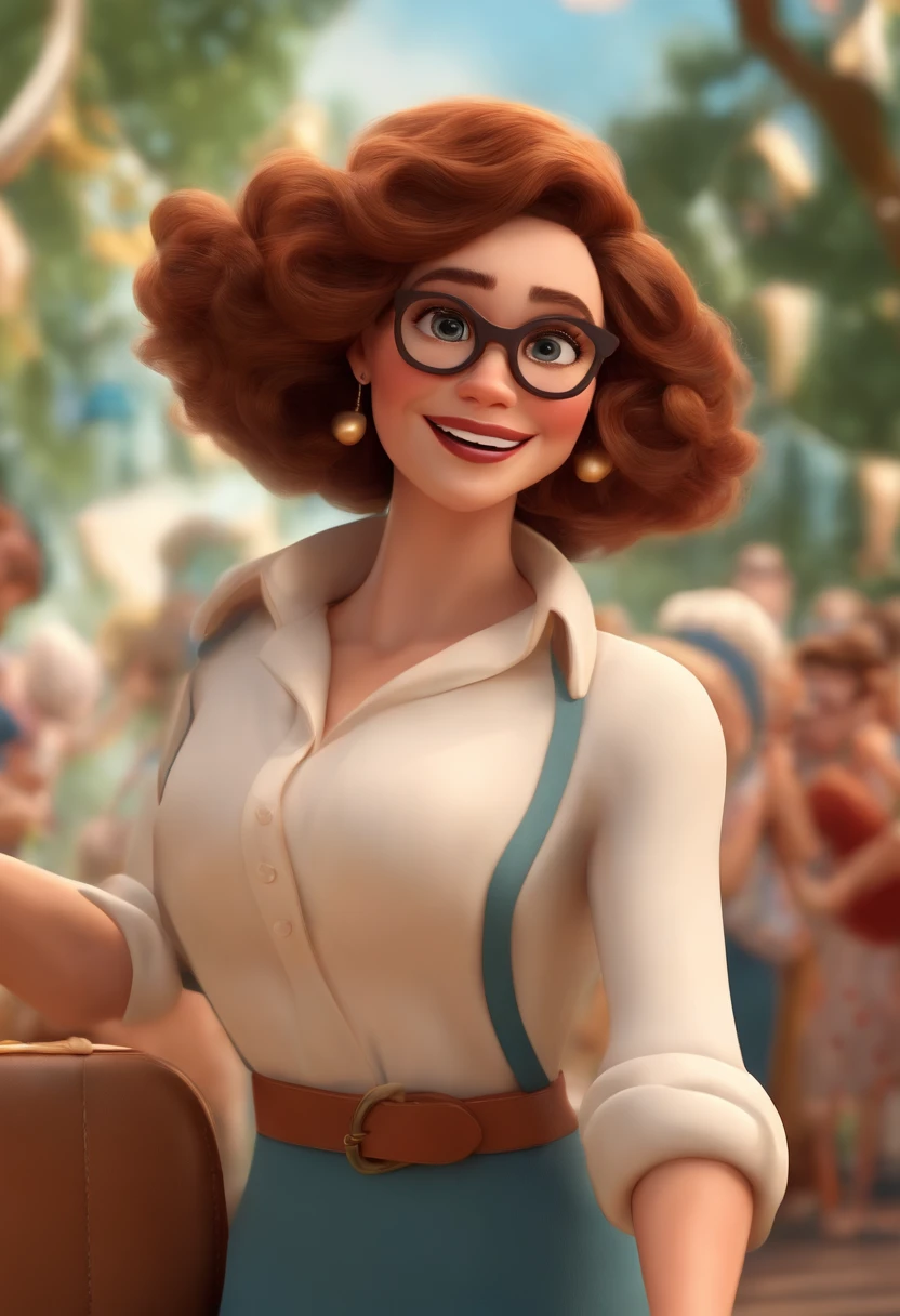 "(best quality,ultra-detalhado,Realistic:1.37),3D rendering,illustration,design de personagens,cabelos curtos e cacheados escuros,belos olhos detalhados,wearing white glasses,Estilo Pixar,morena mulher,Dancing on the Disney stage,atmosfera animada,vivid colors,luzes de palco,expression joyful"