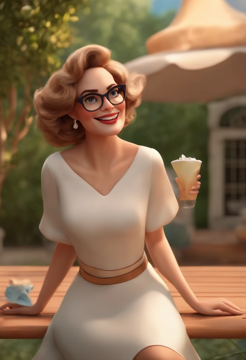 "(best quality,ultra-detalhado,Realistic:1.37),3D rendering,illustration,design de personagens,cabelos curtos e cacheados escuros,belos olhos detalhados,wearing white glasses,Estilo Pixar,morena mulher,Dancing on the Disney stage,atmosfera animada,vivid colors,luzes de palco,expression joyful"