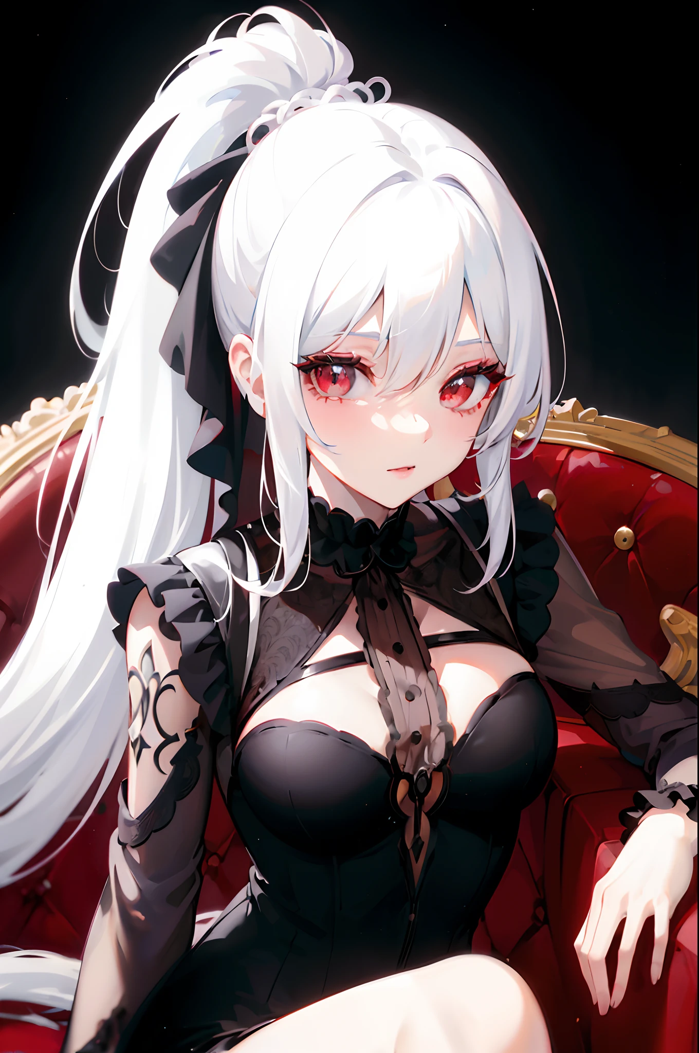 anime girl with white hair and black dress sitting on a red chair, seductive anime girl, perfect white haired girl, best anime 4k konachan wallpaper, white haired deity, white haired, gothic maiden anime girl, white haired lady, anime girl in a maid costume, girl with white hair, from the azur lane videogame, in dress, white-haired