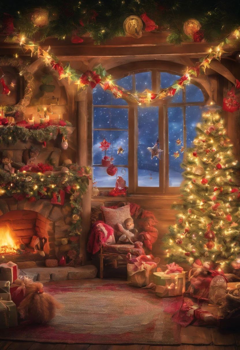 Design a Christmas Greeting Card with a dreamy and fantastical scene that prominently features knitting, crocheting, and sewing. Picture the following:

[Front of the Christmas Greeting Card]

[Image: A dreamy, fantasy-inspired scene]

In a world where dreams come to life, an enchanting tableau unfolds in front of a crackling fireplace. An old sewing machine, placed either on the left or right side, creates a sense of nostalgia and tradition, perfectly blending with the themes of knitting, crocheting, and sewing.

Beautifully wrapped gift boxes are scattered throughout the scene, each adorned with otherworldly patterns and colors that glisten like stardust. Some gift boxes showcase knitting needles, crochet hooks, and sewing motifs, establishing a strong connection to the crafts.

Wool and colorful yarn cascade like a gentle waterfall, weaving an intricate tapestry of enchantment that envelops the room. These threads are actively used for crafting, creating a haven for crafters' dreams. Soft fairy lights fill the space with a dreamy glow, where holiday wishes take flight.

Hanging from the ceiling and adorning the fireplace mantel, garlands woven with enchanted baubles and elven bells add an extra layer of magic to the setting, making this Christmas a truly wondrous and crafty adventure.

[Your Heartfelt Christmas Greeting Here]

Please ensure the tone remains warm, inviting, and filled with the magic of crafting and dreams. Thank you for creating this fantastical scene