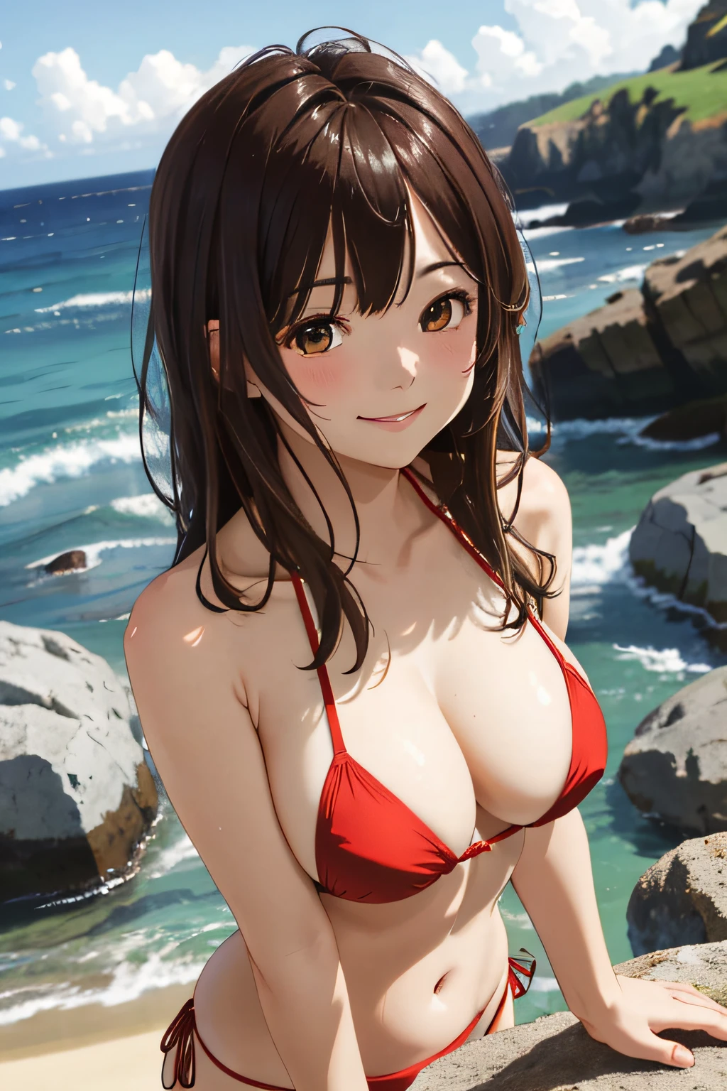 ​masterpiece, top-quality, hight resolution, 1girl in, brown haired, length hair, bangss, Brown-eyed,well balanced large breasts、red bikini、Coast on a sunny day、Hands on rocks and butts sticking out、turned around、A smile、Flushed cheeks